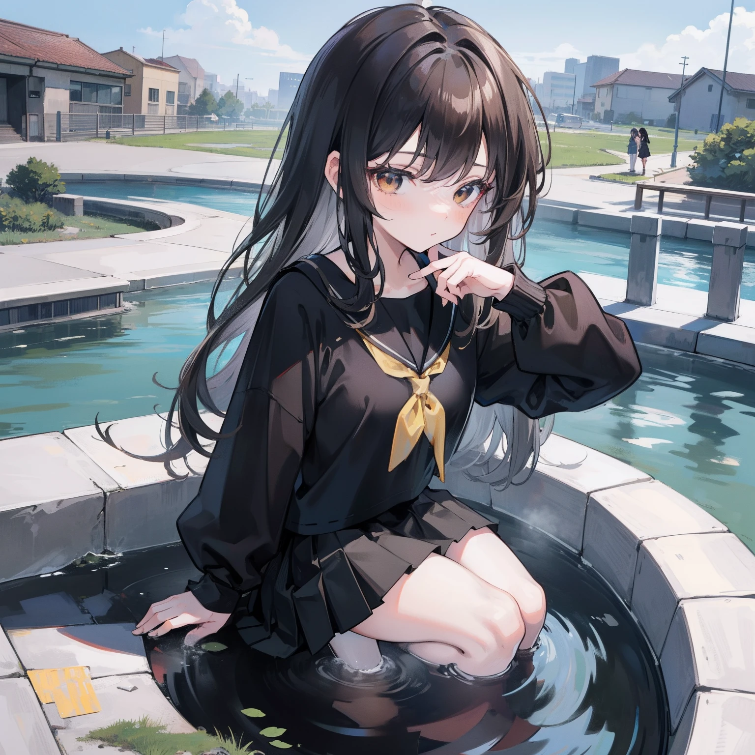 little girl, black hair, straight hair, (messy hair bangs), brown eyes, black top, black skirt , around 13 years old , schoolyard fountain scenery, anime style, (ultra detailed), 4k, sunny day, tones in black and yellow