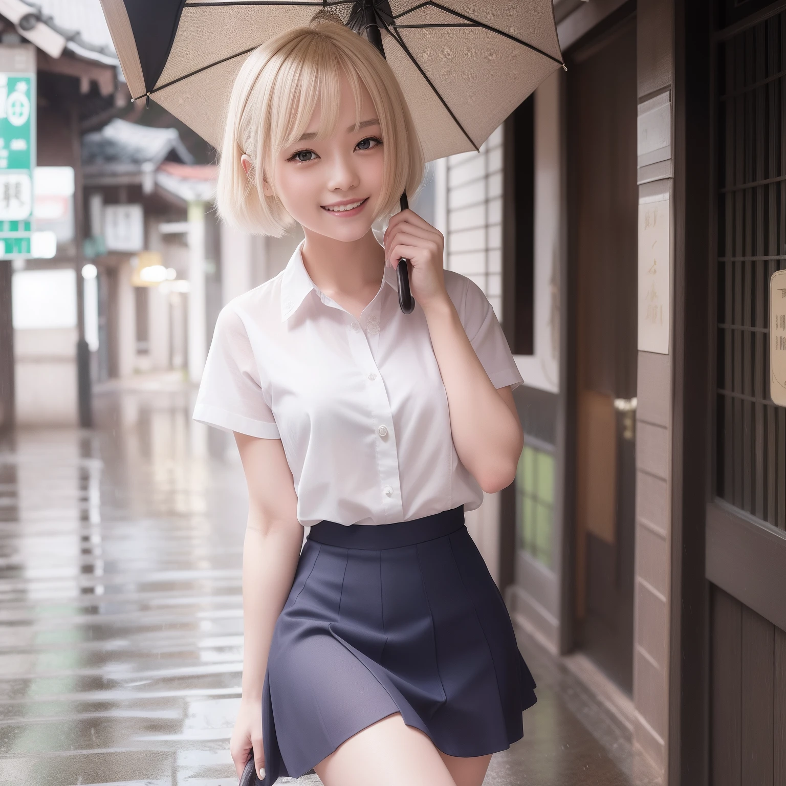 masterpiece、top-quality、platinum-blonde、Westerners、Short sleeve shirt、Ribbon Ties、pleatedskirt、high knee socks、pumps、A smile、Japanese umbrella、rain is falling、Old townscape、Outstanding smile、Image of one woman