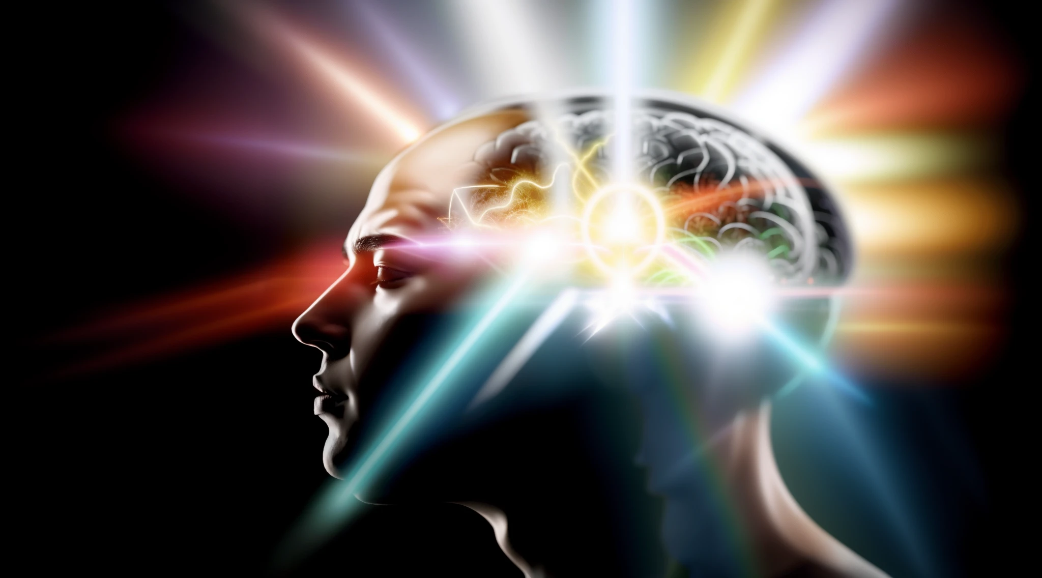 Image of a man with a light shining on his head, consciousness projection, detailed glowing head, Esclarecedor, emitting psychic powers, Quem pode abrir a mente, head exploding, glowing head, emanating and flowing energy, they reach into his mind, spiritual lighting, Estimulante Nootropic, mind exploration, Mystical Light, brain visible, neuroscience, raio mental
