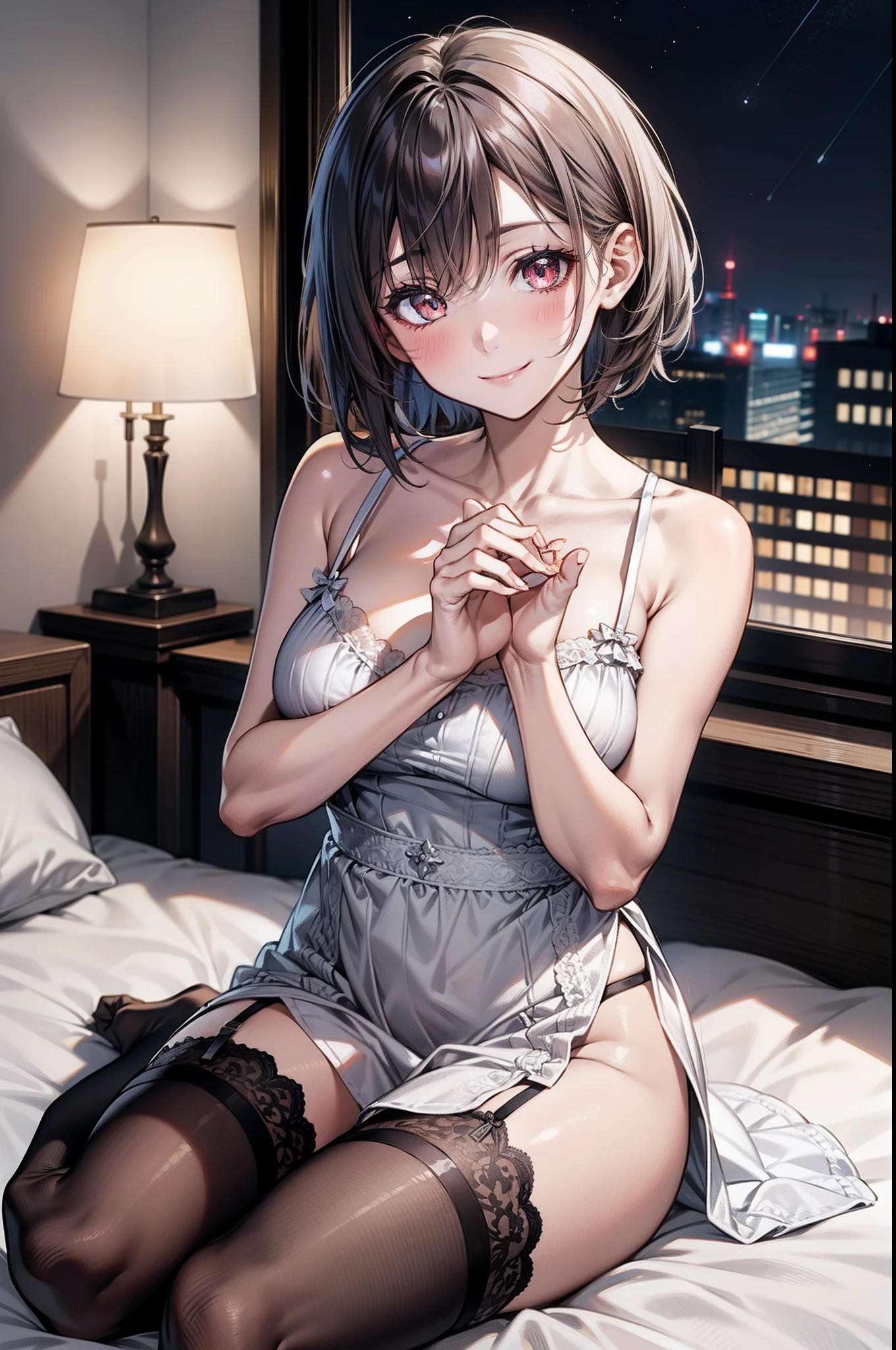 Chisato, 1girl in, Bangs, Bedroom, Short hair, Smile, Solo, sit, night dress, Sexy Pose, Breast Out, lingerie, garter strap, Stockings, Hands behind,perfect hand、 (hand with five fingers:0.6)