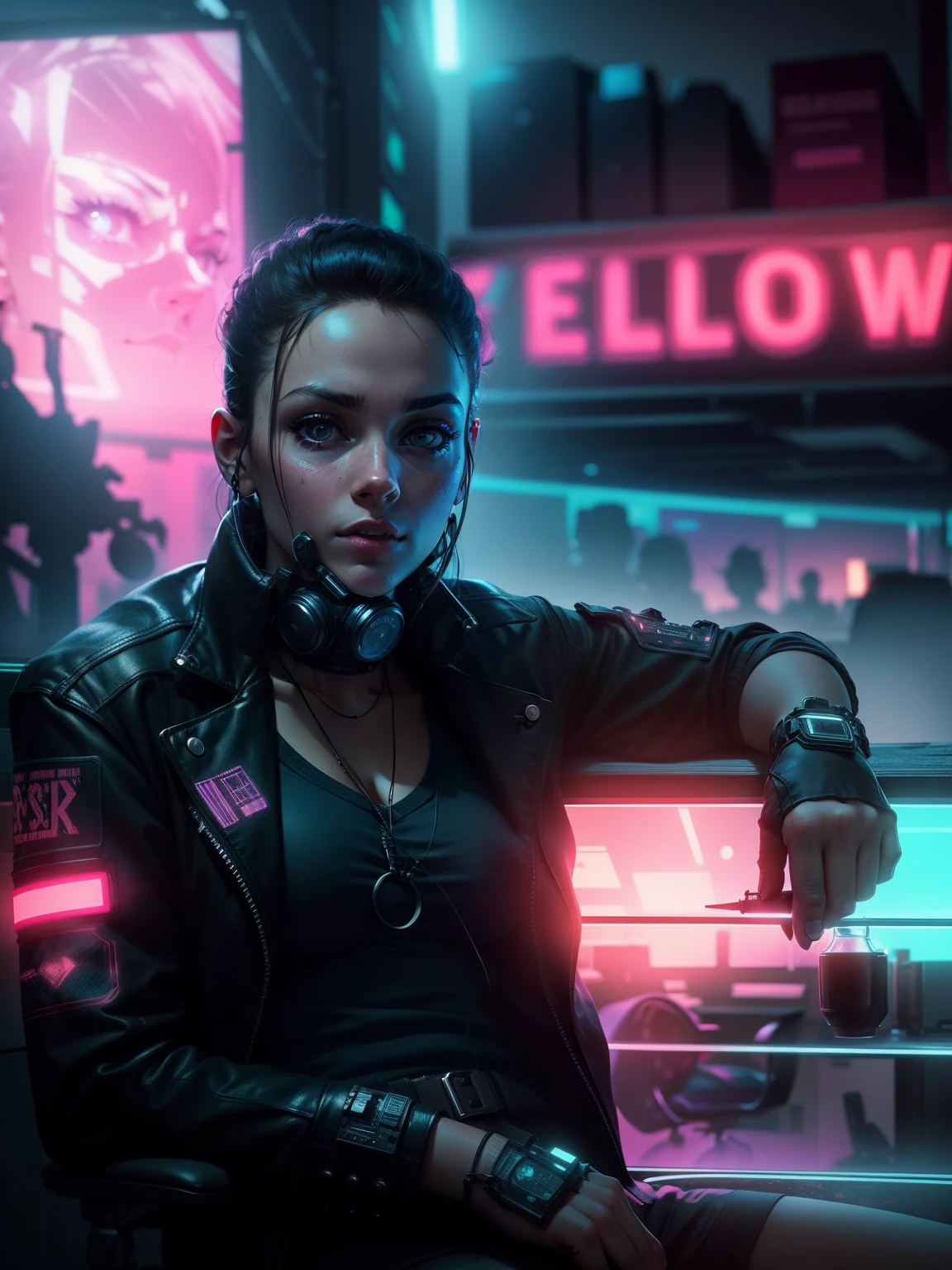Remove background, realistic face, office desk, cyberpunk vibe, neon light