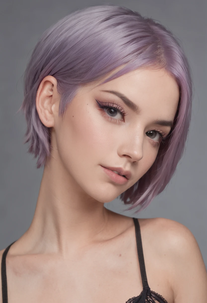 purple hair, short hair, many tattoos on her body, corset, small breasts, blurred background, 8k details, freckles, black eyeliner, black eyebrow color, full body, looking at the viewer