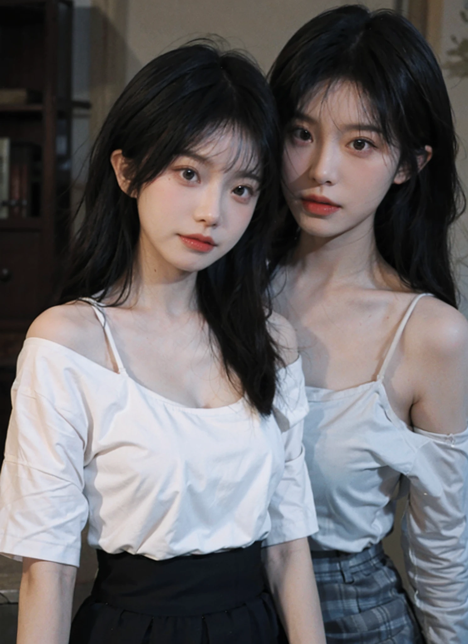 best qualtiy， 超高分辨率， （realisticlying：1.4）， twincest， A pair of clear and moving peach blossom eyes,Royal Sister，Off-shoulder white shirt， Black tight skirt，  （Faded gray-gray hair：1）， （big cleavage breasts：1.2）， looking at viewert， closeup cleavage ，