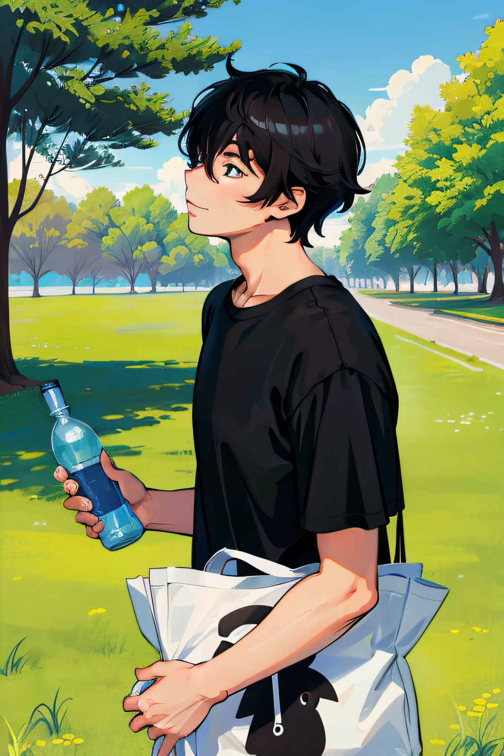 there is a drawing of a man with a black shirt, anime portrait of a handsome man, inspired by Okumura Masanobu, anime style portrait, halfbody portrait, anime portrait, young anime man, male anime style, shigenori soejima illustration, in an anime style, anime boy, 2d portrait, boy has short black hair, (masterpiece:1.4), (best qualit:1.4), (high resolution:1.4), Adolescente, male gender, portrait, outdoors, smile, tent, anime boy with (shot hair) and blue eyes ,carry a bag, holding a water bottle, ((black shirt)), picnic, standing on green grassland, grassland, trees, bright, landscape, anime style 4 k, anime style. 8k, digital art ilya kuvshinov, ilya kuvshinov. 4 k, digital anime art, artwork in the style of guweiz, profile of anime boy, anime moe artstyle, anime. soft lighting, anime styled digital art