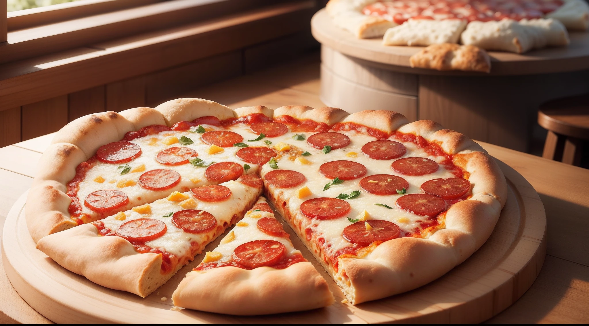 Crie uma imagem de pizza de calabresa perfeitamente assada, with melted cheese and juicy pieces of pepperoni, that conveys the feeling of comfort and taste.

Produza uma imagem de close-up de uma fatia de pizza de calabresa, destacando os detalhes da cobertura, como a calabresa dourada e o molho de tomate.

Gere uma cena que mostre um chef preparando uma pizza de calabresa do zero, com ingredientes frescos e um forno a lenha crepitante ao fundo.

Create an image of a smiling family enjoying a pepperoni pizza at an outdoor table, in a pleasant and welcoming atmosphere.

Elabore uma imagem que represente uma pizza de calabresa como a escolha perfeita para uma noite de filme em casa, with a television showing a classic movie in the background.

Produza uma cena de piquenique em um parque ensolarado, where friends are sharing a pepperoni pizza, demonstrating the concept of al fresco dining.

Generate an image that highlights the crunch of the dough of a pepperoni pizza, com detalhes visuais que fazem os espectadores desejarem cada mordida.

Create an illustration of a pepperoni pizza in a stone oven, highlighting the authenticity of the preparation and the unique flavor that this technique offers.

Elabore uma imagem de uma pizza de calabresa sendo entregue em uma caixa personalizada, pronta para ser desfrutada em casa, enhancing the convenience of delivery.

Produza uma imagem que mostre a versatilidade da pizza de calabresa, with several slices arranged in an artistic way, cada uma com um ingrediente diferente, como azeitonas, bell peppers and extra cheese, To highlight custom options.