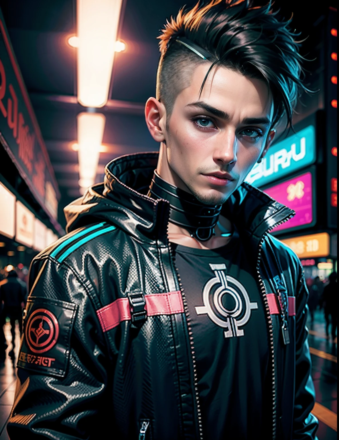 Cyberpunk cute boy background change,Rosto realista,8k,ultra realistic,