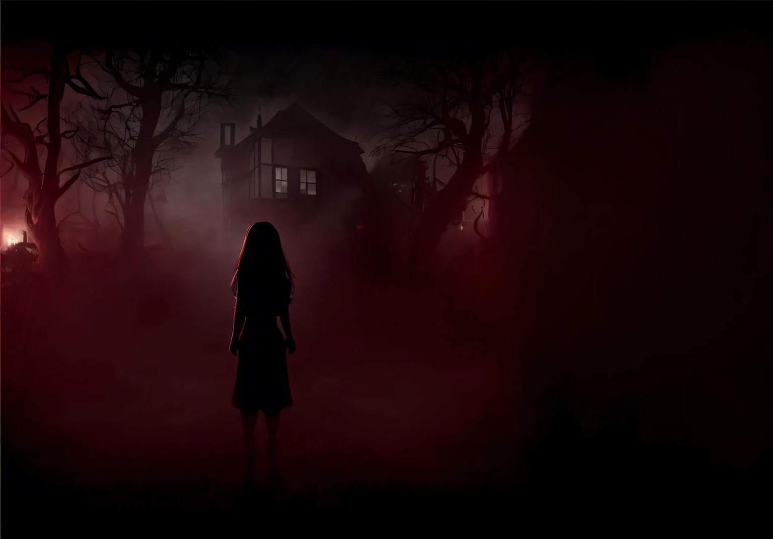 Woman standing in front of a house in a foggy forest, Escuro!, quadro de filme escuro e misterioso, behind her is a scary atmosphere, fundo de pressentimento, eerie nostalgic concept art, ainda de filme de terror animado, estranho!, Personagem sombrio e sinistro, silhueta estranha da pessoa, foreboding and eerie lighting, arte conceitual de terror, kramskoi 4 mil