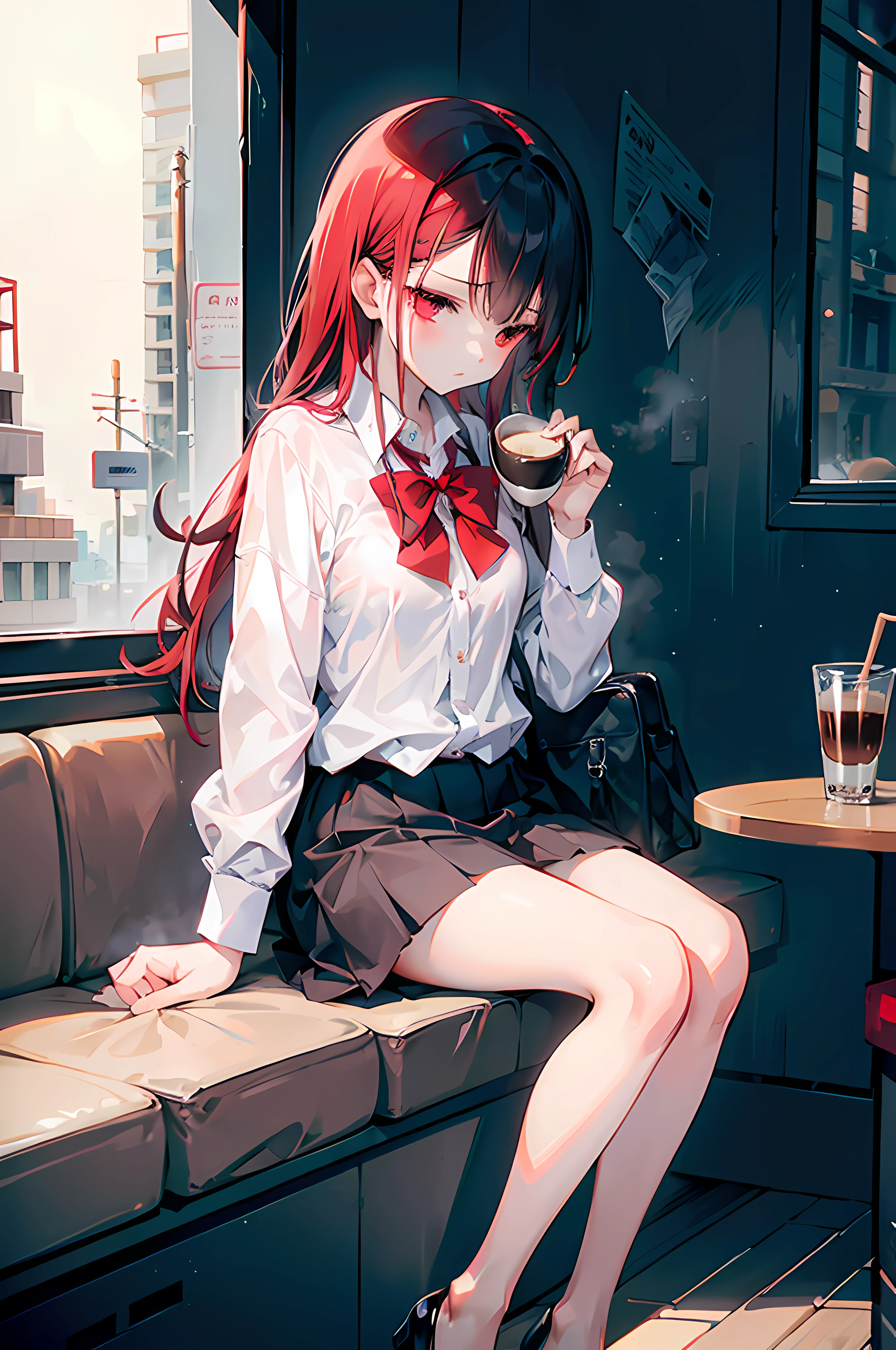 "Sleepy girl with red eyes, slender legs, drowsy expression, sipping espresso.