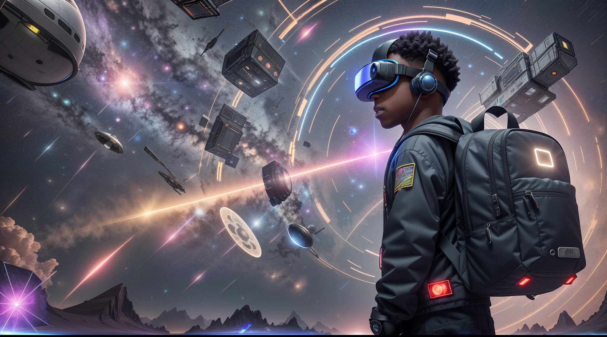 A nigerian, chubby boy with short black hair, wearing futuristic VR goggles, an intricate futuristic backpack with flashing lights, standing with one foot forward on a glowing portal pad, arms spread out, body leaning forward, ready to jump into a swirling portal of blue, purple and pink light and clouds ahead of him. Detailed intricate sci-fi machinery, flashing lights, glowing power sources, and advanced technology surrounds him. Dramatic lighting creates high contrast on his excited expression as he adventures through space and time. Portrait photograph, detailed, intricate, photorealistic, Unreal Engine, Octane render, volumetric lighting, cinematic lighting, 35mm lens, wide depth of field. --auto --s2