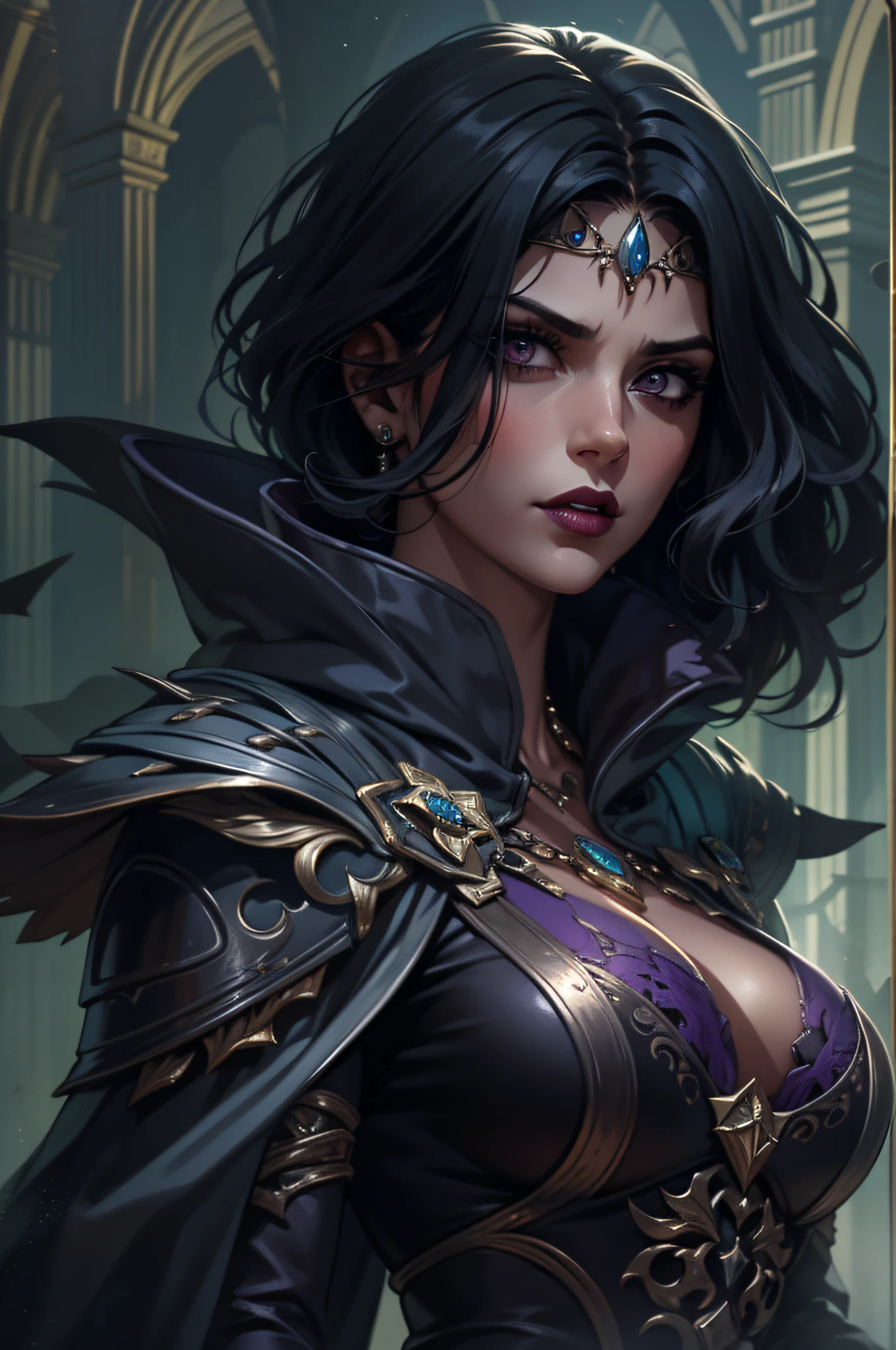 Mavis dracula, 1 girl, Bblack hair, blue colored eyes, women's summer dress, Tilt your head, cowboy shot, breasts small, (cleavage showing), coxas nuas, nice legs, 正面, 1 girl, standing alone, gazing at viewer, all-body, pose, best quality, no flaws