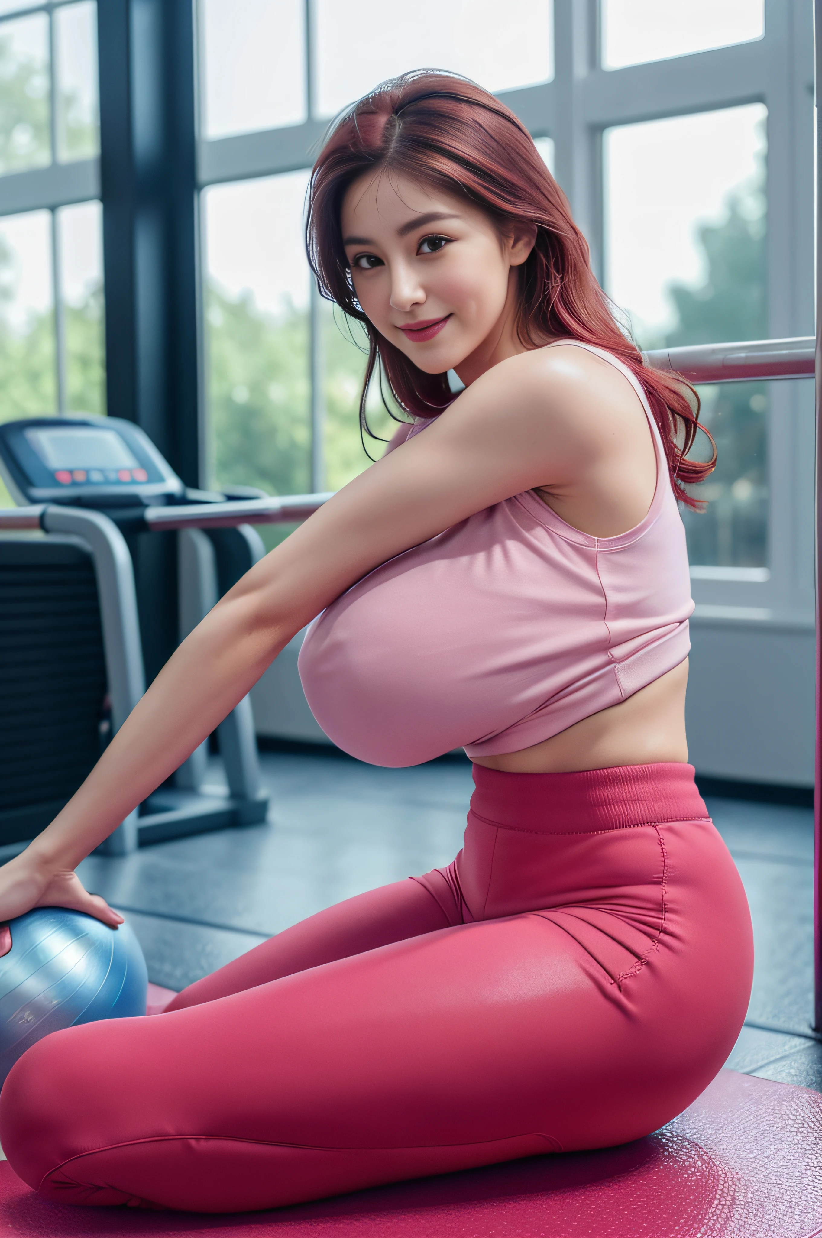 Marian Rivera, full body, (masterpiece:1.2, best quality), realistic, (real picture, intricate details, depth of indoor field), (1girl, solo), make up, parted lips, highly-detailed, perfect face, (huge breasts:1.3), (skindentation), thick thighs, wide hips, small waist, tall, glossy coral lips, red hairs, red eyes, (A girl playing at gym, pastel gym uniform, tight long pants), feet, shoes, (sweating:1.2), (wet), sexy, blushing, playing pose, naughty, shy smile