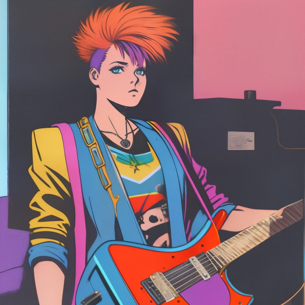 80s HQ, a guitar player, punk hair, jacket, front view, garage room, dark room, low light, high saturation