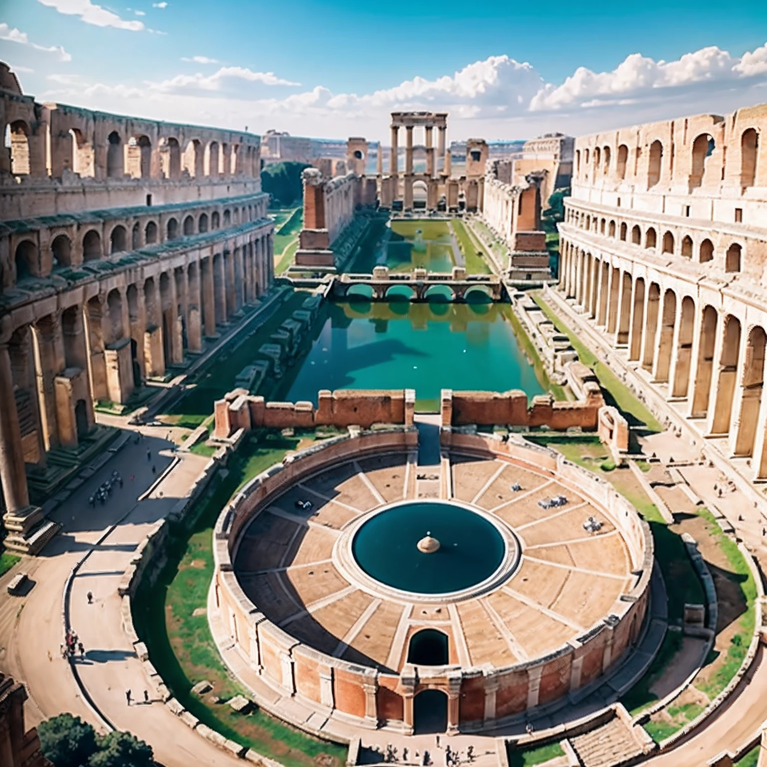 Aerial photogragh of Ancient Rome in the Year 32 A.D., warm atmosphere, Captured by Panavision Panaflex Platinum Camera with Panavision Primo Primes Spherical Lens 25mm T1.9