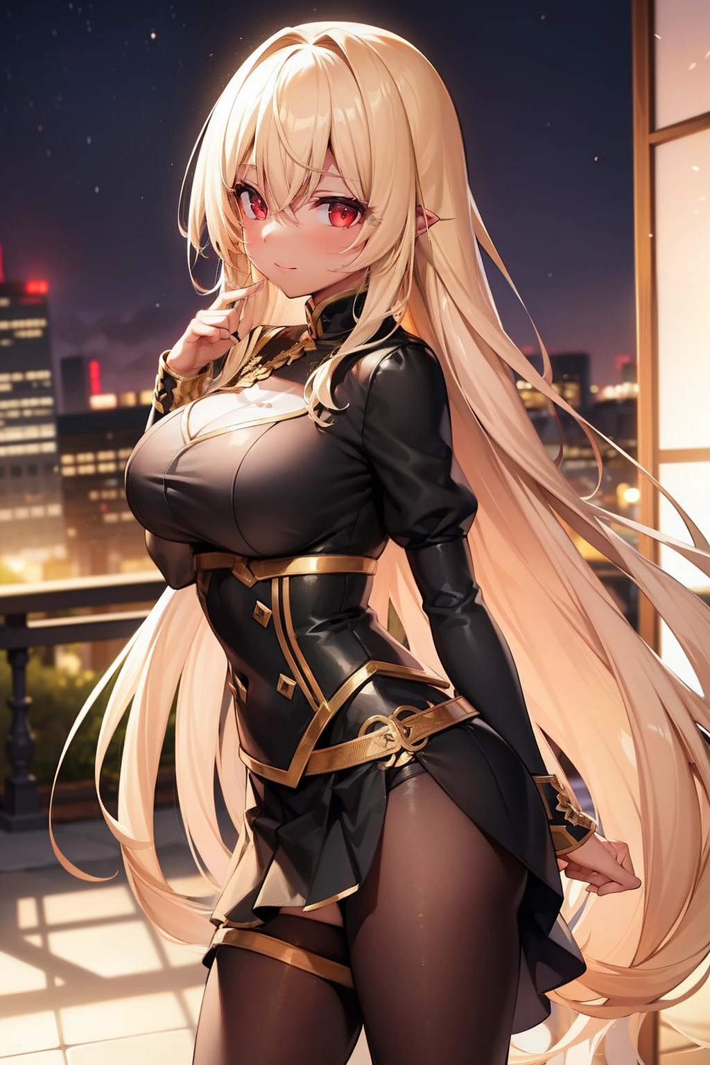 a blond,Bright, shiny hair、 girl, masutepiece, Sharp Focus, Best Quality, depth of fields, Cinematic lighting, detailed costume, Perfect eyes, Plenty of detail and texture, high school costume, Red Eyes, gold hiar color, Colored, Outdoors, Very long hair, hair between eye, Dark skin, Smile,I can see the pants、Black panties、Wavy hair、skirt by the、blacks、ren、Black skin、Brown-skinned、