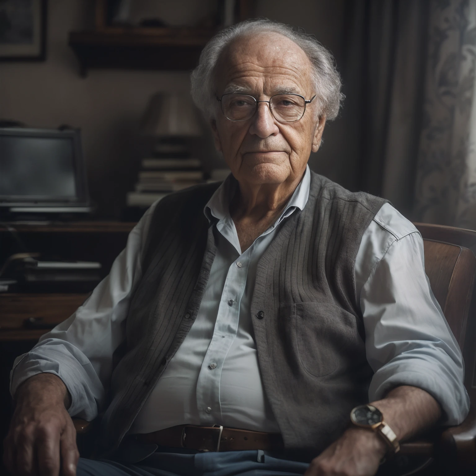 Man sitting in a chair with a watch on his wrist, foto do retrato de um homem velho, cinematic portrayal, retrato editorial, retrato do homem velho, retrato de alta qualidade, Retrato de 50mm, Sergey Zabelin, Retrato 4k, Retrato de 60mm, 7 0 mm portrait, Retrato de um velho, Directed by: Laszlo Balogh