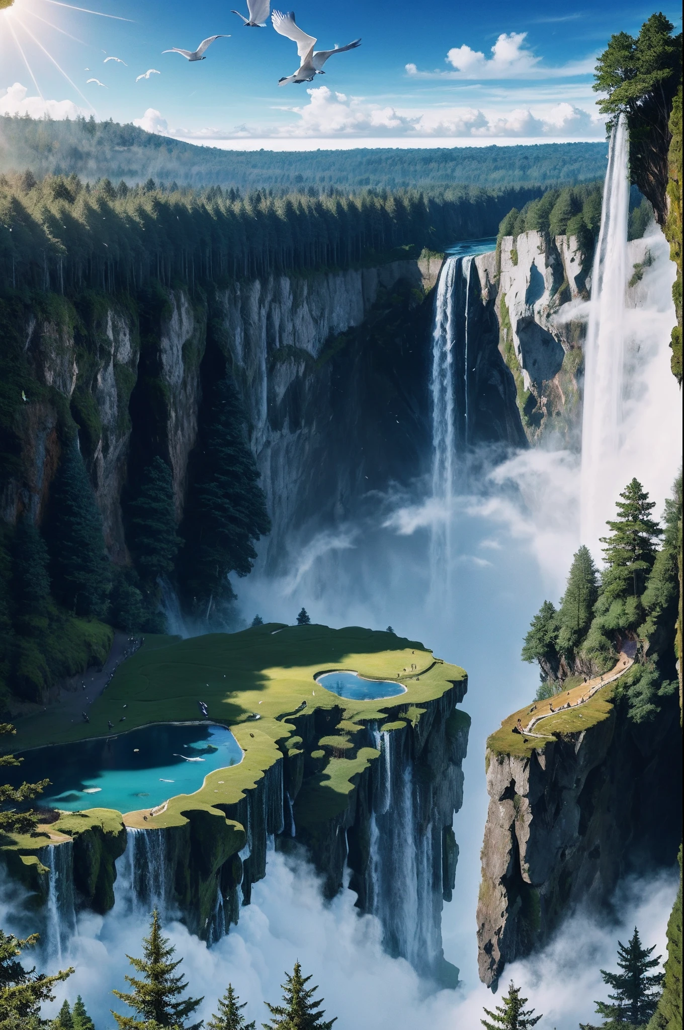 Flying on the cliff, above the very high waterfall, look down on the fluctuating pond, high sunlight, blue sky, white cloud, birds, forest, trees, 8K, masterpiece, best quality, high resolution, extremely full detailed