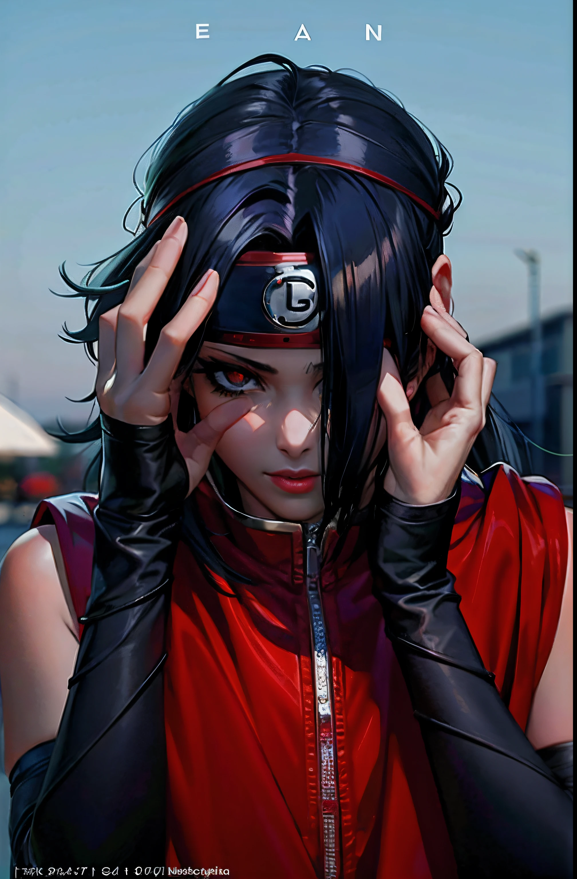 um close up Sarada Uchuha, Cosplay profissional, Anime Cosplay, foto Cosplay, Cosplay realista, olhos totalmente vermelhos, olhos vermelhos afiados, Anime Garota Cosplay, Cosplay, itachi uchiha, Sarada Uchiha, Cosplay completo, Akira Akatsuki, um olho vermelho, olhos vermelhos, pose, com olhos vermelhos, Estilo anime misturado com Fujifilm