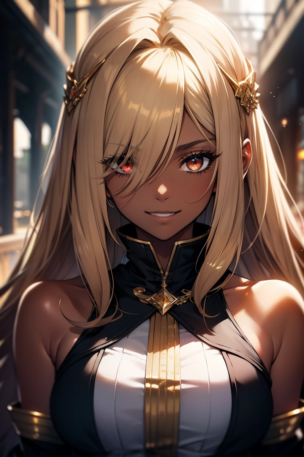 gold colors, girl, masterpiece, sharp focus, best quality, depth of field, cinematic lighting, detailed outfit, perfect eyes, rich in details and textures, fantasy world, red eyes, gold hair, colored, outdoors, very long hair, hair between eyes, dark skin, smile,