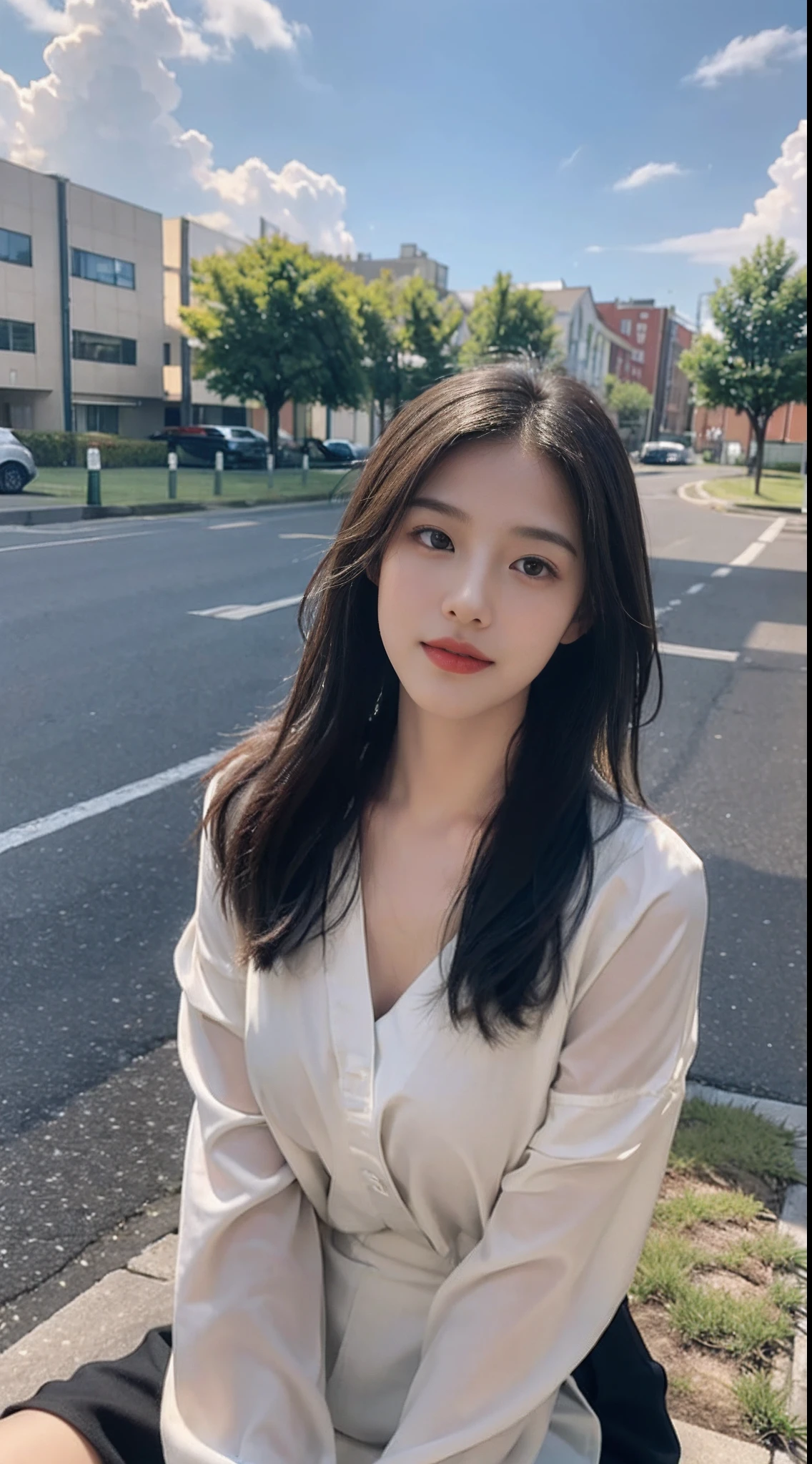 ((Best Quality, 8K, Masterpiece:1.3)), A beautiful girl, pure, melon face, gentle and cute, sweet smile, pure desire, thin figure, (frontal), (tilted head), looking directly at the camera, uniform, obi, formal, black silky long straight hair, long hair flowing over the shoulders, round black big eyes, clear big eyes, moist red lips, sweet, sitting on the side of the road, blue sky and white clouds, grass, buildings,