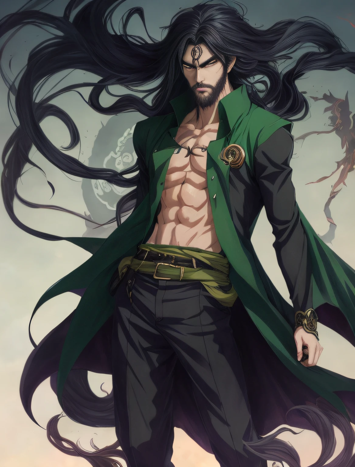 Anime- style illustration man, black hair, long hair, clothes green, art style anime, full body, reference sheet,The combination of god and human,male, Black  hair, green eyes, high details, art style anime, necromancy, demon, power dark, long beard, god death, shinigami, wavy hair, anime, demon, demoness, d demoness, badass anime 8k, epic anime art, cute face in demon slayer art, manga wallpaper 4K, portrait of hades, god handsome male of death, anime wallpaper 4k, detailed anime character art, detailed digital anime art, muscular,undead, piebald, muscular, super strong