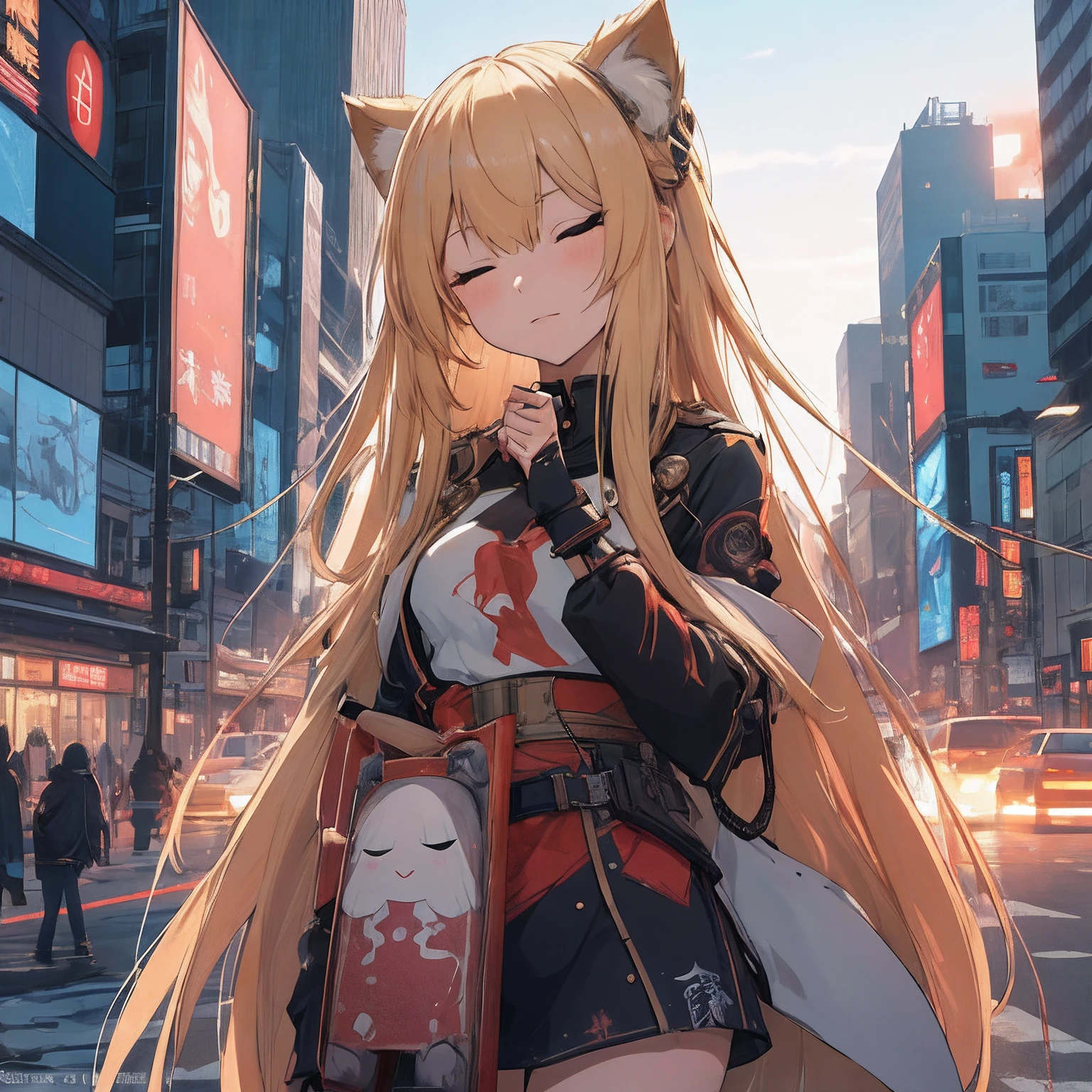 masterpiece, top-quality, 1girl, long blonde hair with bangs, 独奏, natta, Colorful, Cityscape, cyberpunked, Light smile, City Pop, vector illustrations, Sateen、Exuding chaotic emblem Vessel of irreverent madness Rising and denying Numbness, blinking Disturbing sleep(Hako)Iron Princess Constantly self-destructing mud doll Unite Rebel Fill the earth and know your own powerlessness