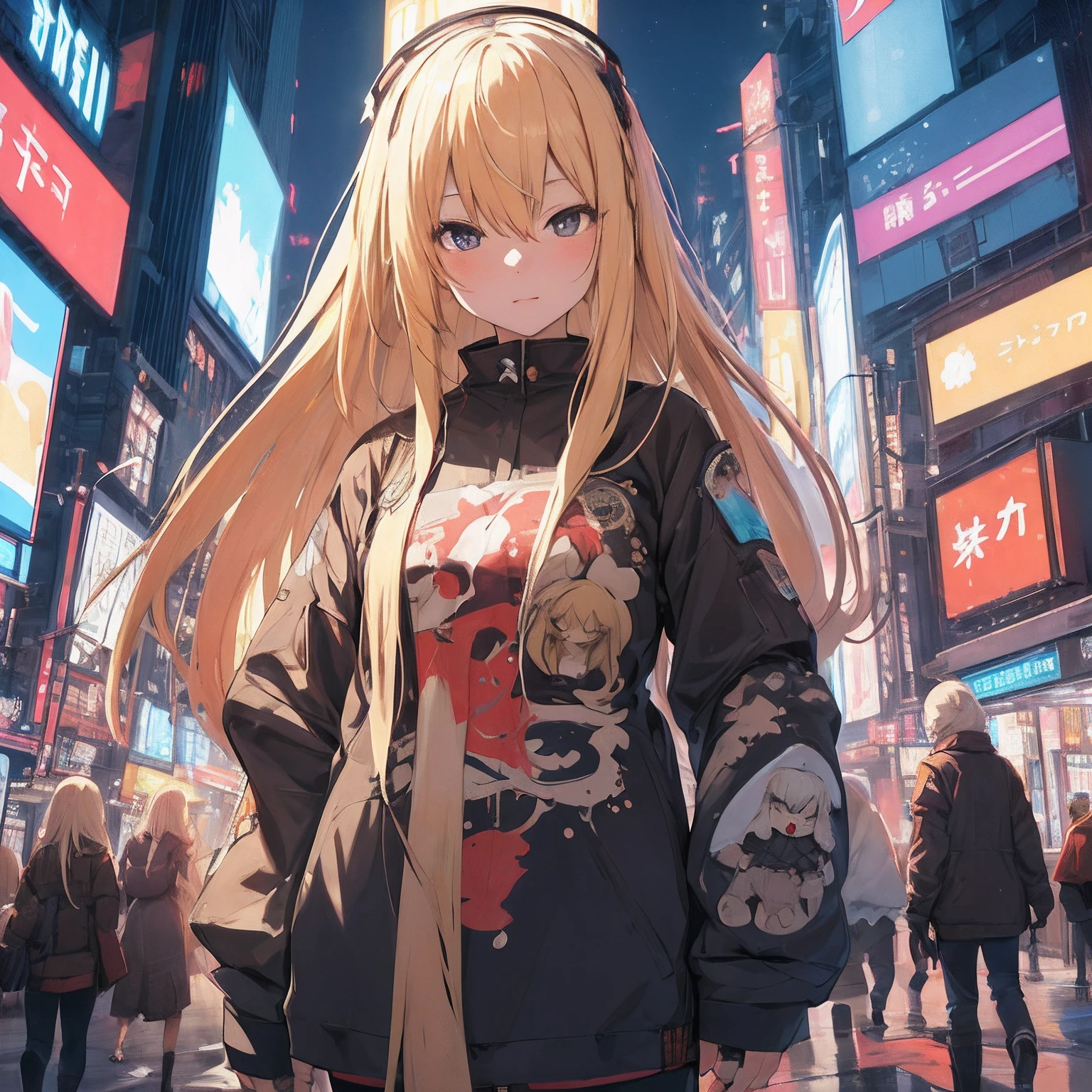 ​masterpiece, top-quality, 1girl, long blonde hair with bangs, 独奏, natta, Colorful, Cityscape, cyberpunked, Light smile, City Pop, vector illustrations, Sateen、Exuding chaotic emblem Vessel of irreverent madness Rising and denying Numbness, blinking Disturbing sleep（Hako）Iron Princess Constantly self-destructing mud doll Unite Rebel Fill the earth and know your own powerlessness