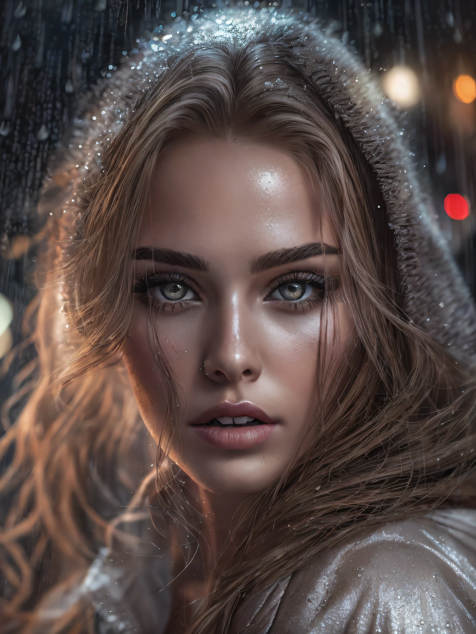 a woman with long blond hair, wearing a sexy semi-transparent open bathrobe, running in the city, realistic perfect face, beautiful woman face, glam make-up, dark eye make-up, dark brown hair and makeup, perfect face model, Arabella mist-splitter, perfect face ), beautiful lips:5 stylish, beautiful female face, attractive female face!!!, beautiful feminine face, beautiful makeup, perfect face!! all wet on a rainy night, scared look, eerie, creepy, dark ambient, cinematic lights, ultra sharp focus, bird's eye view, high view, looking at the camera, raindrops