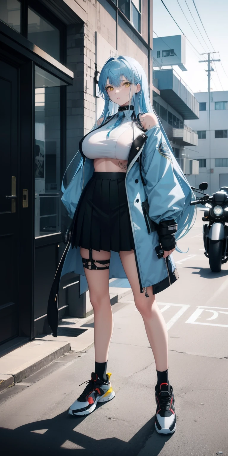 light blue hair, long hair, yellow eyes, black coat, short skirt, big , tattoo on neck, inside a building, black sport shoes, stocking, on top of motorcycle, looking at camera, close up camera