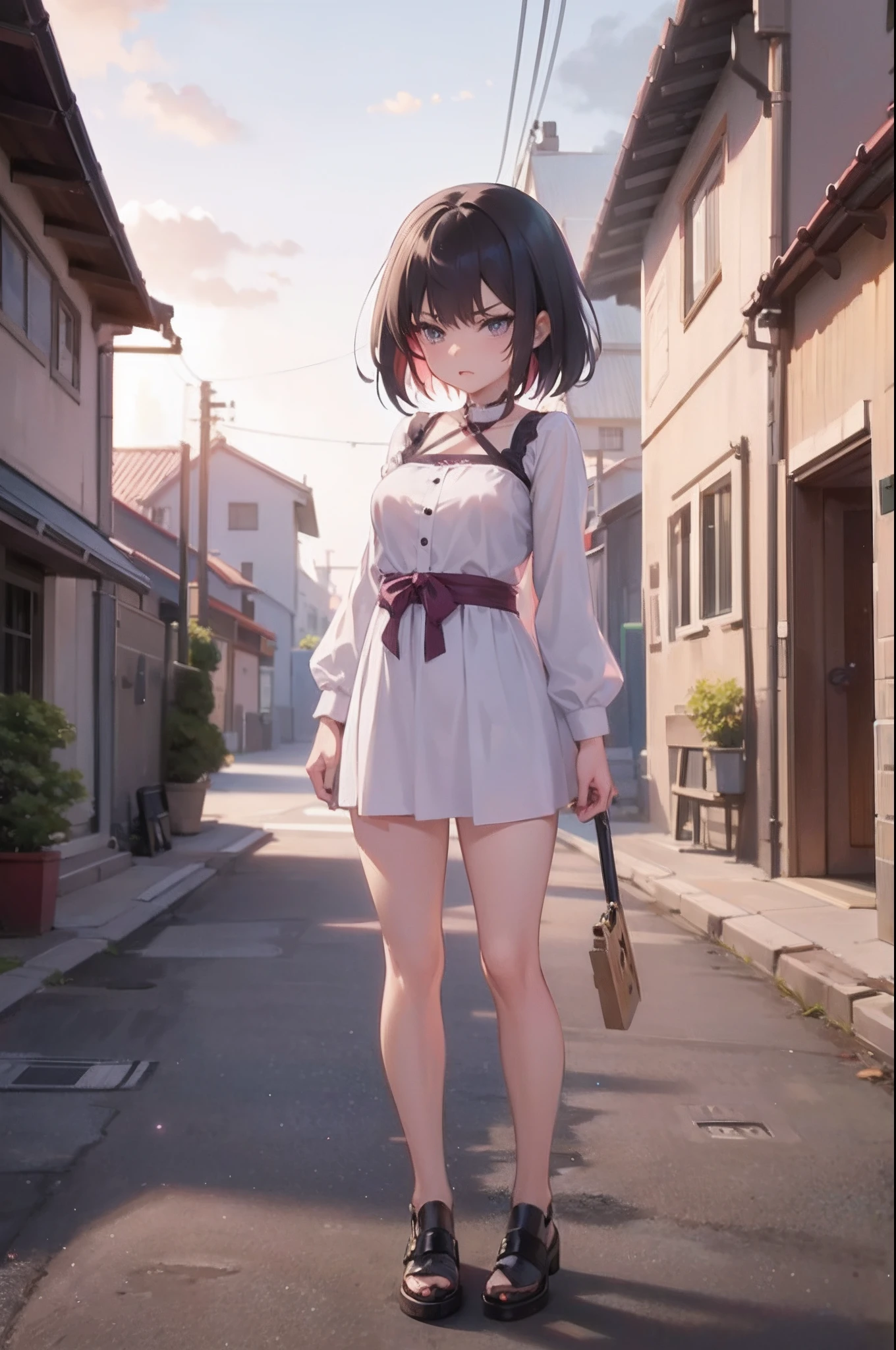 anime girl in a short dress standing on a street with a bat, loli in dress, anime moe artstyle, smooth anime cg art, anime style. 8k, realistic anime 3 d style, anime styled 3d, small curvy loli, artwork in the style of guweiz, full body portrait of a short!, made with anime painter studio, medium breast, angry, tsundere