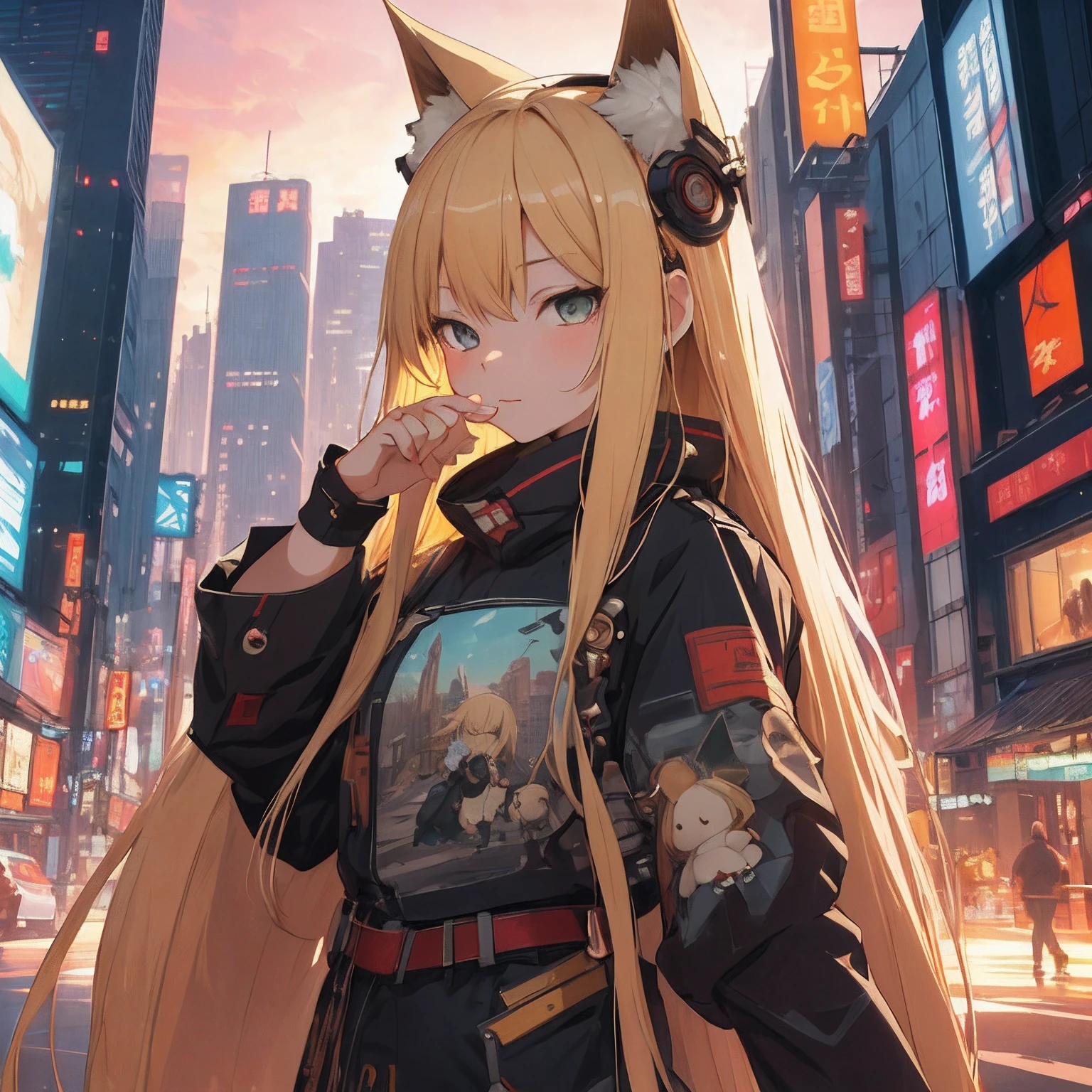 ​masterpiece, top-quality, 1girl, long blonde hair with bangs, 独奏, natta, Colorful, Cityscape, cyberpunked, Light smile, City Pop, vector illustrations, Sateen、Exuding chaotic emblem Vessel of irreverent madness Rising and denying Numbness, blinking Disturbing sleep（Hako）Iron Princess Constantly self-destructing mud doll Unite Rebel Fill the earth and know your own powerlessness