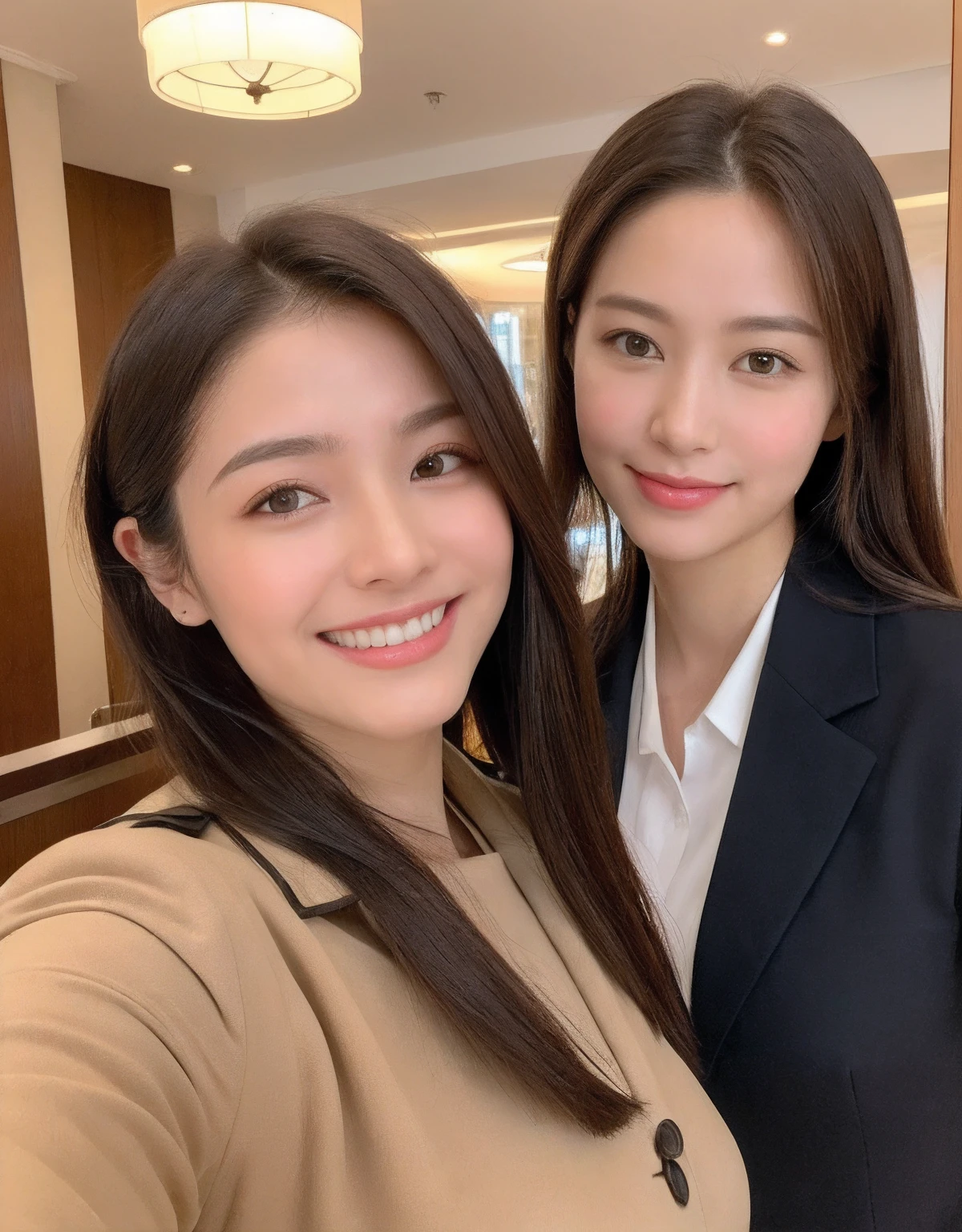 (Daytime, excellent, 8K, masutepiece:1.3)), Full body, Long legs, Focal length: 1.2, Perfect Body Beauty: 1.4, Slim abs: 1.1, ((dark brown hair, Big breasts: 1.2 )), (Uniform at the hotel reception,perfect buttocks: 1.2),((Tanning flour iro)),Highly detailed facial and skin texture, Detailed eyes, Double eyelids,((Please wear the uniform of the hotel reception))、((Natural smile))