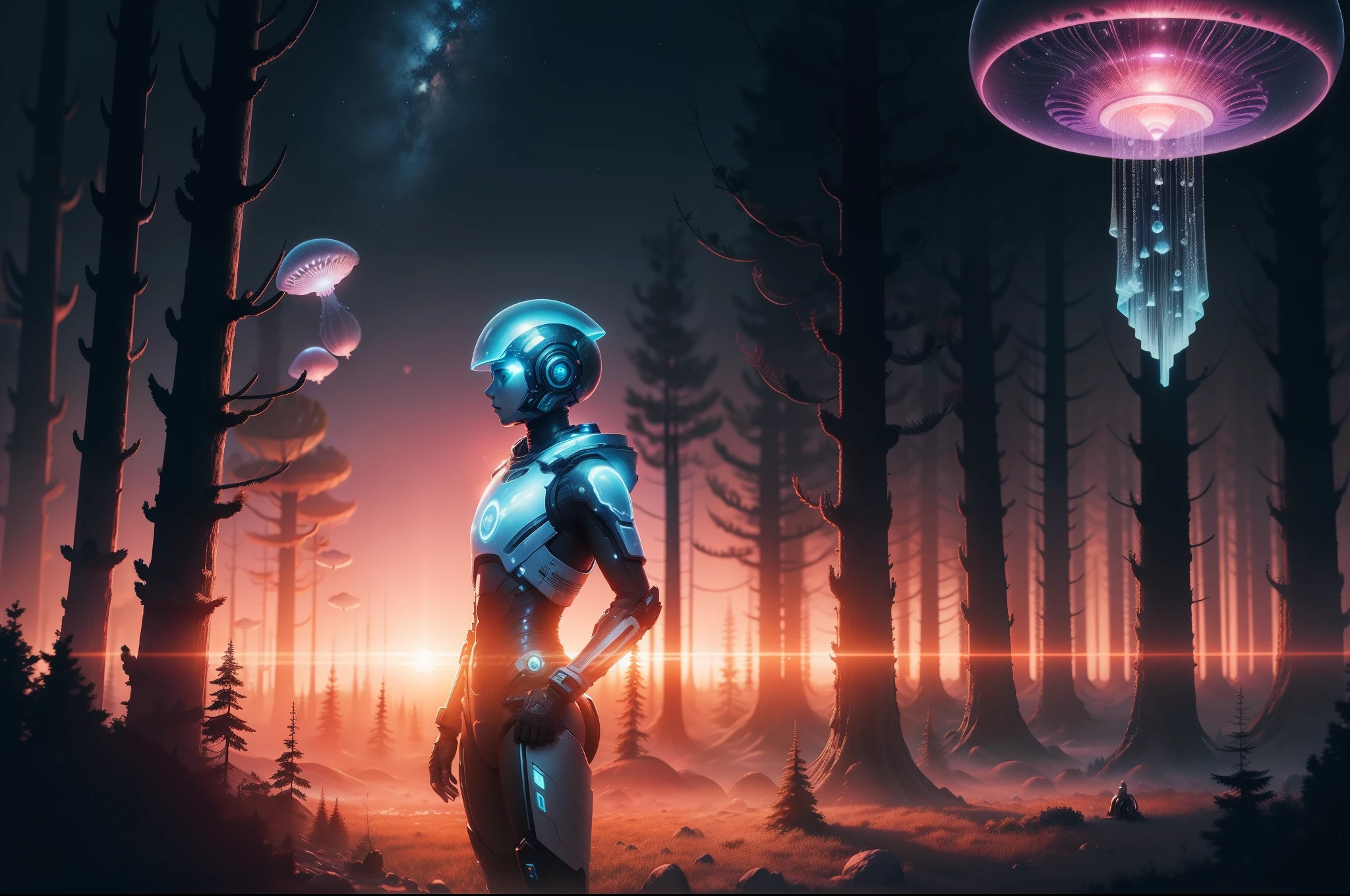 An android watching the sunset in an alien planet, with flying jellyfishes and foggy forest. Highly detailed.