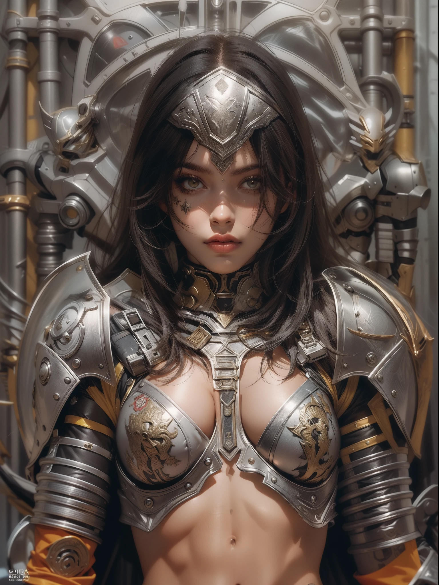 (((mulher))), (((melhor qualidade))), (((obra prima))), (((adulto))), (((1girl))), ((( corte de cabelo bob ))), (( NSFW )), A robotic gladiator, uma mulher de 25 anos com um corpo musculoso;, shoulder pads with metal spines, Gladiadores do Brooklyn, (( corte de cabelo bob )), tiny leather panties, corpo transparente mostrando o esqueleto, pele transparente, nua no estilo selvagem urbano de Simon Bisley para a capa da revista Heavy Metal, Cabelo loiro curto, Minimum clothing, Metal protection on the left arm with intricate graphics, Vermelho escuro com estrelas brancas e respingos de preto e branco, armadura, cheio de espinhos, (((do joelho pra cima))), cabelos loiro branco curto, no fundo uma parede pintada por Shepard Fairey com um design intrincado