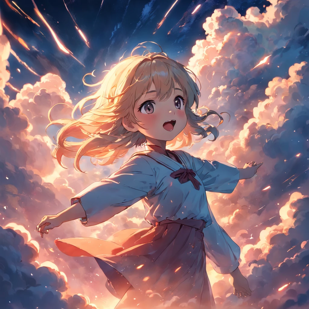 masterpiece, best quality, movie still, 1girl, cloud girl, floating in the sky, close-up, bright, happy, warm soft lighting, sunset, (sparks:0.7)