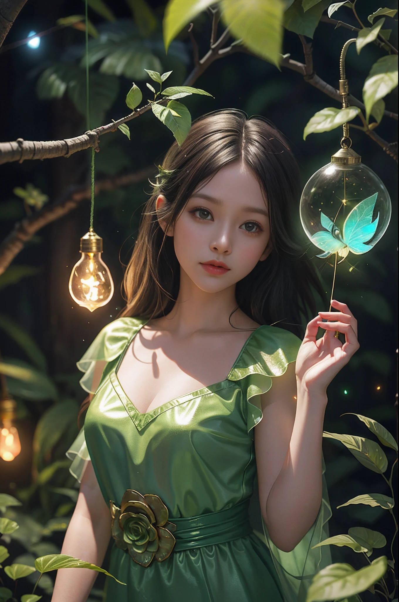 Fantasy in a lot of glass, Illuminate the night,"ethereal roses, Cute slime,Tiere, glowing little mushrooms surrounded by delicate leaves and branches, and fireflies and glowing particle effects, girl", (Natural elements), (Jungle theme), (Leaves), (Branches), (fireflys), butterflys, (delicate leaves), (Glow), (particles effect), Super realistic, super detailed, Dramatic Lightning, 4K, masutepiece,