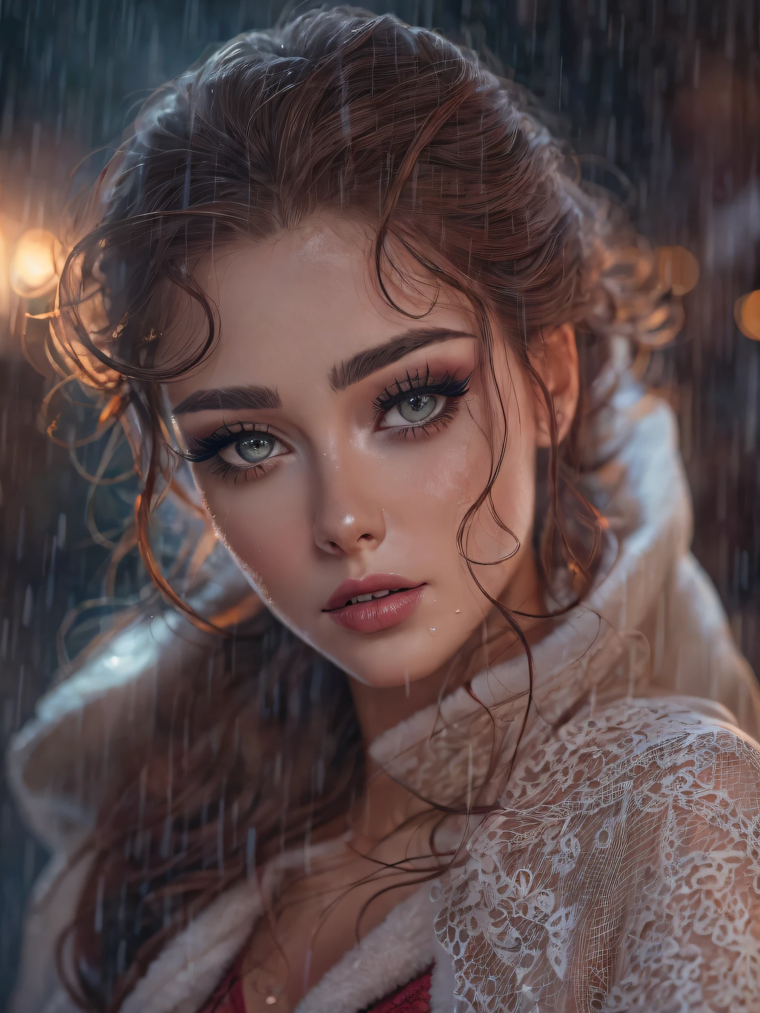 a woman with long red hair, wearing only a sexy transparent open bathrobe, running in the city, realistic perfect face, beautiful woman face, glam make-up, dark eye make-up, dark brown hair and makeup, perfect face model, Arabella mist-splitter, perfect face ), beautiful lips:5 stylish, beautiful female face, attractive female face!!!, beautiful feminine face, beautiful makeup, perfect face!!. all wet on a rainy night, scared look, eerie, creepy, dark ambient, cinematic lights, ultra sharp focus, bird's eye view, high view, looking at the camera, raindrops