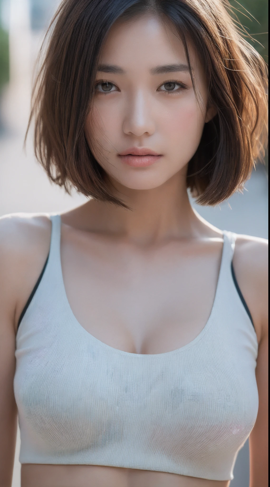 Beautiful Japan adult woman、((best qualtiy, 8K, tmasterpiece:1.3))、((realisitic:1.5))、((sense of reality:1.5))、(Photorealsitic:1.4)、Perfect litthing、Perfect figure beautiful woman:1.4、((Layered Hair Style、ample breasts:1.3))、(long shirt:1.2)、(Street:1.2)、Highly detailed facial and skin texture、glowy skin、A detailed eye、二重まぶた、(The front of the shirt is open:1.1)、(breast cleavage exposed:1.1)、(small areolas、Small beautiful nipples:1.3)、see the beholder、Upshot、