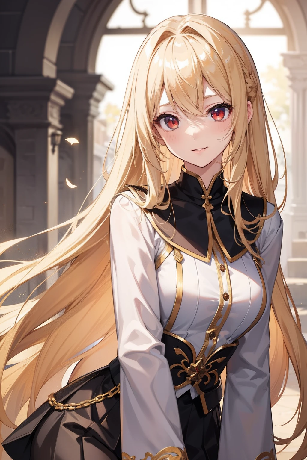 a blond,Bright, shiny hair、 girl, masutepiece, Sharp Focus, Best Quality, depth of fields, Cinematic lighting, detailed costume, Perfect eyes, Plenty of detail and texture, high school costume, Red Eyes, gold hiar color, Colored, Outdoors, Very long hair, hair between eye, Dark skin, Smile,I can see the pants、Black panties、Wavy hair、skirt by the、