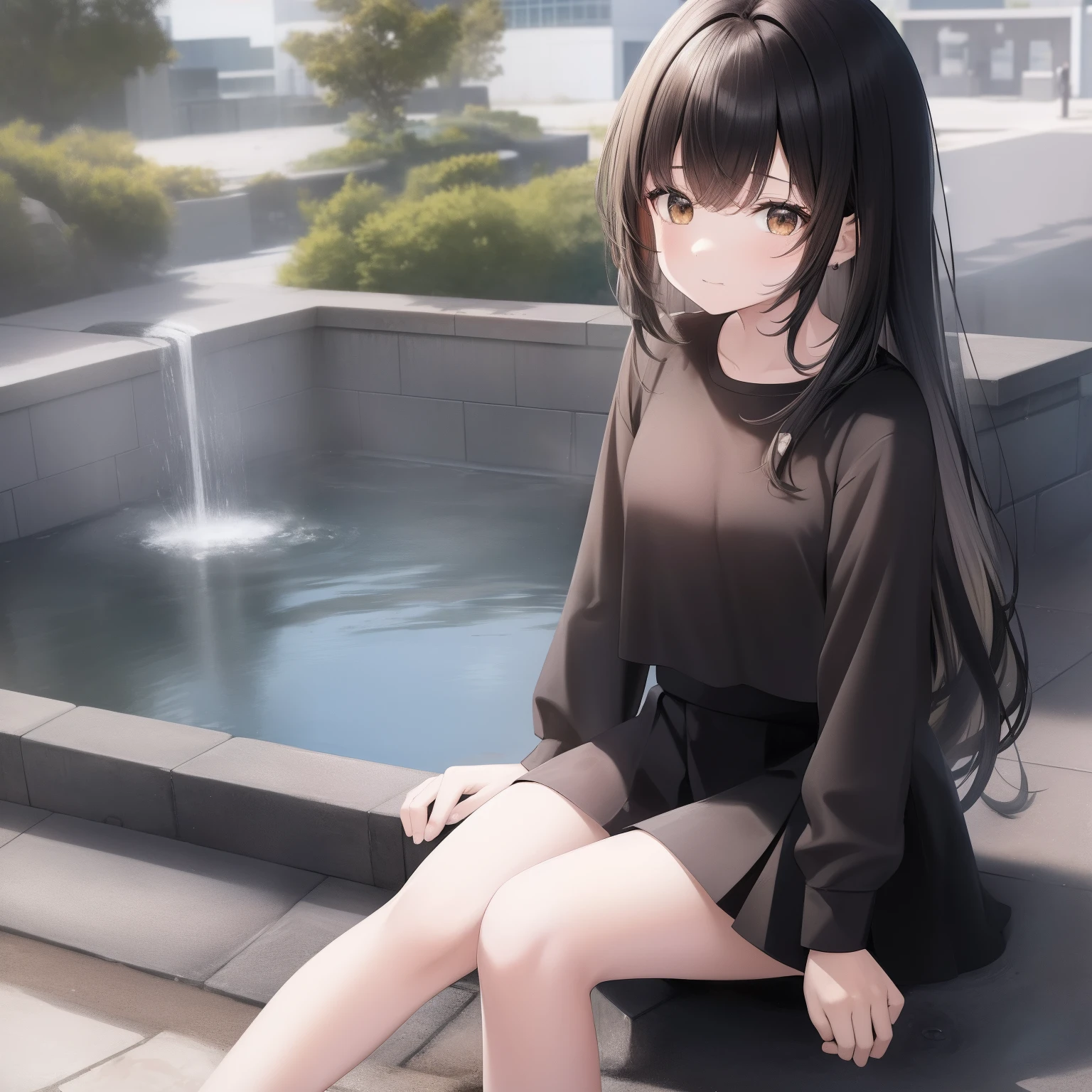  girl, black hair, straight hair, (messy hair bangs), brown eyes, black top, black skirt, around 13 yeaing in schoolyard fountain, anime style, (ultra detailed), 4k, sunny day , black and yellow tones , high definition image, messy hair in the wind