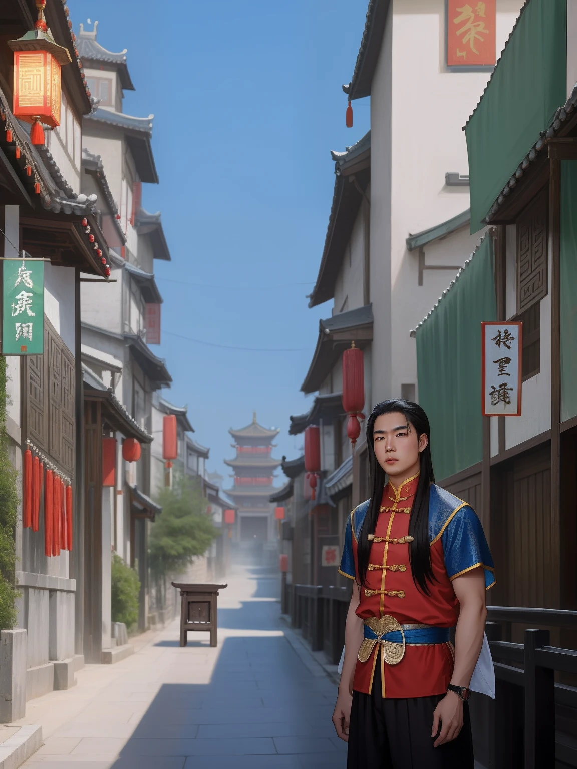 A handsome long-hair Chinese man with big eyes standing in an ancient Chinese city street, standing in an old township street, standing in an alleyway, wideangle portrait, wide - angle portrait, standing in a city center, mid shot portrait, handsome Chinese guy, standing in street, wearing ancient chinese clothes, ancient beautiful Chinese wooden buildings, traditional chinese paved street, chinese wuxia scene, Chinese hero guy, chinese style, ancient Chinese comic prince, wuxia, traditional Chinese clothing, inspired by Gu An, no cars. cold, wet and misty atmostphere, dim light evening. There are some lights from windows and lanterns.