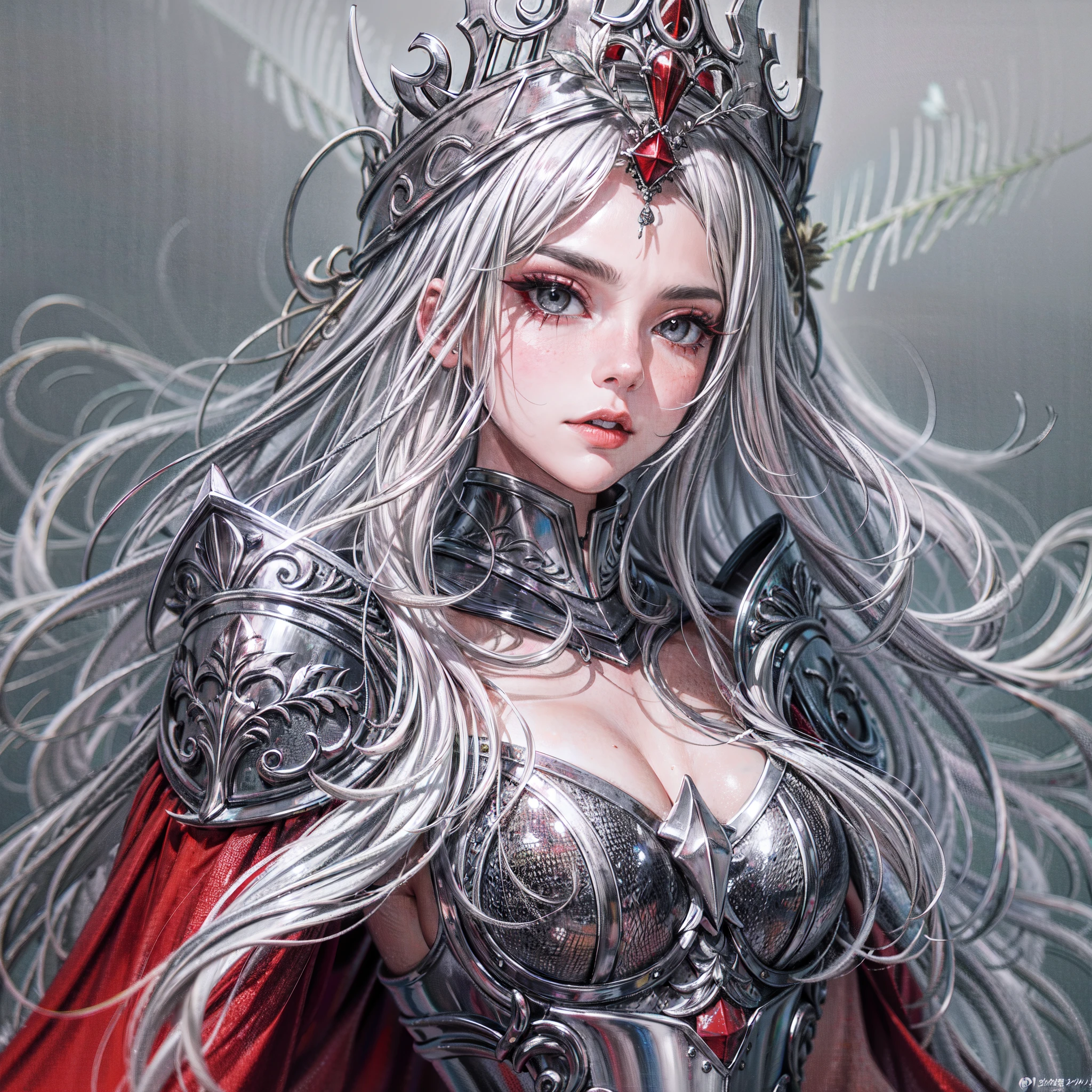 (Masterpiece, Best Quality, High Quality, absurdres, highres:1.2), (Solo:1.5), Female, Older, Expressionless, Long Hair, Silver Hair, Sidelocks, Hair between Eyes, Grey Eyes, Eyeliner, (Grey Eyes:1.5), (Red Eyeliner:1.2), (Red Capelet:1.1), Armor, Capelet, Tiara, (Silk, Metal), Red, Black, Silver,