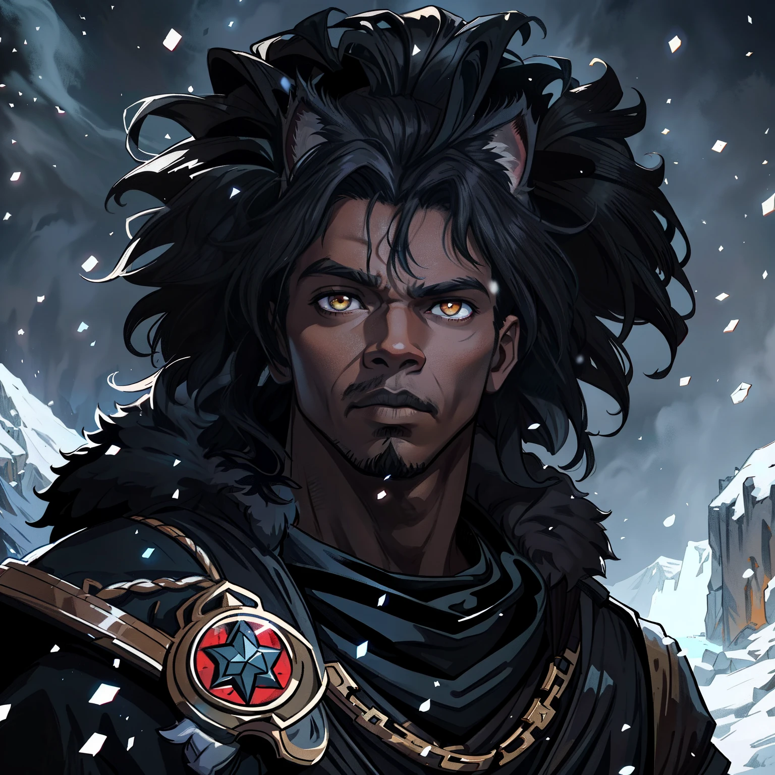 A closeup of a black man with lynx eyes and ears African beauty well-marked masculinity in a mysterious and dark look amid a blizzard on a snowy mountain A character wearing black robes for a medieval RPG and with some scars on his face and a dark look he is a character illustration for RPG with dark colors and gray he has a wise and snobbish look to do a very magical and amazing background image use shadows light contour and black smoke to compose the photo He is in a dramatic pose for a medieval RPG art RPG art RPG character illustration art dramatic pose for an RPG art style League of Legends Art of a pet rpg in a medieval art Illustration of medieval art in an art cartoon style arcane style league of legends art cartoon illustration 8k hd cinematic lights contrasted backlights