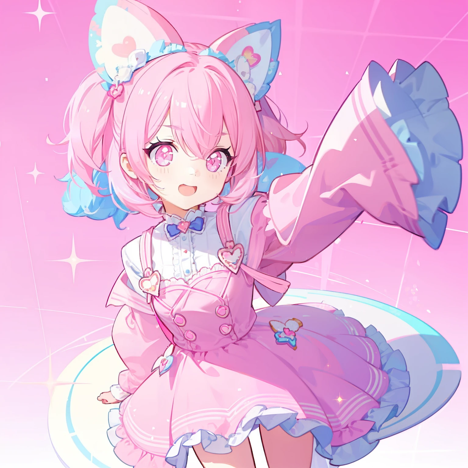 (kawaii and adorable girl:1.2),(pink outfit:1.2),(pink hair:1.3),(pink accessories:1.1),(cute and pink background),(sparkles and hearts:0.9)