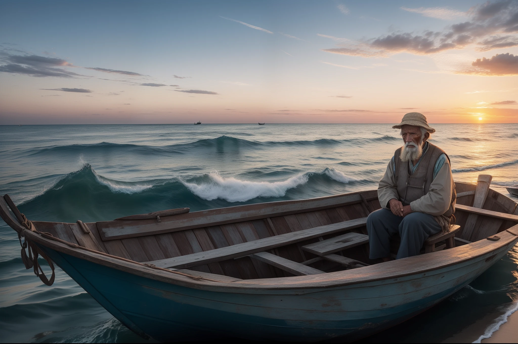 Portrait of a very old fisherman watching the sunset , dress with worn out clothes, sitting on his old boat. Endless sea with small waves, cirrus clouds, marine birds flying. Boat with fishing baskets.