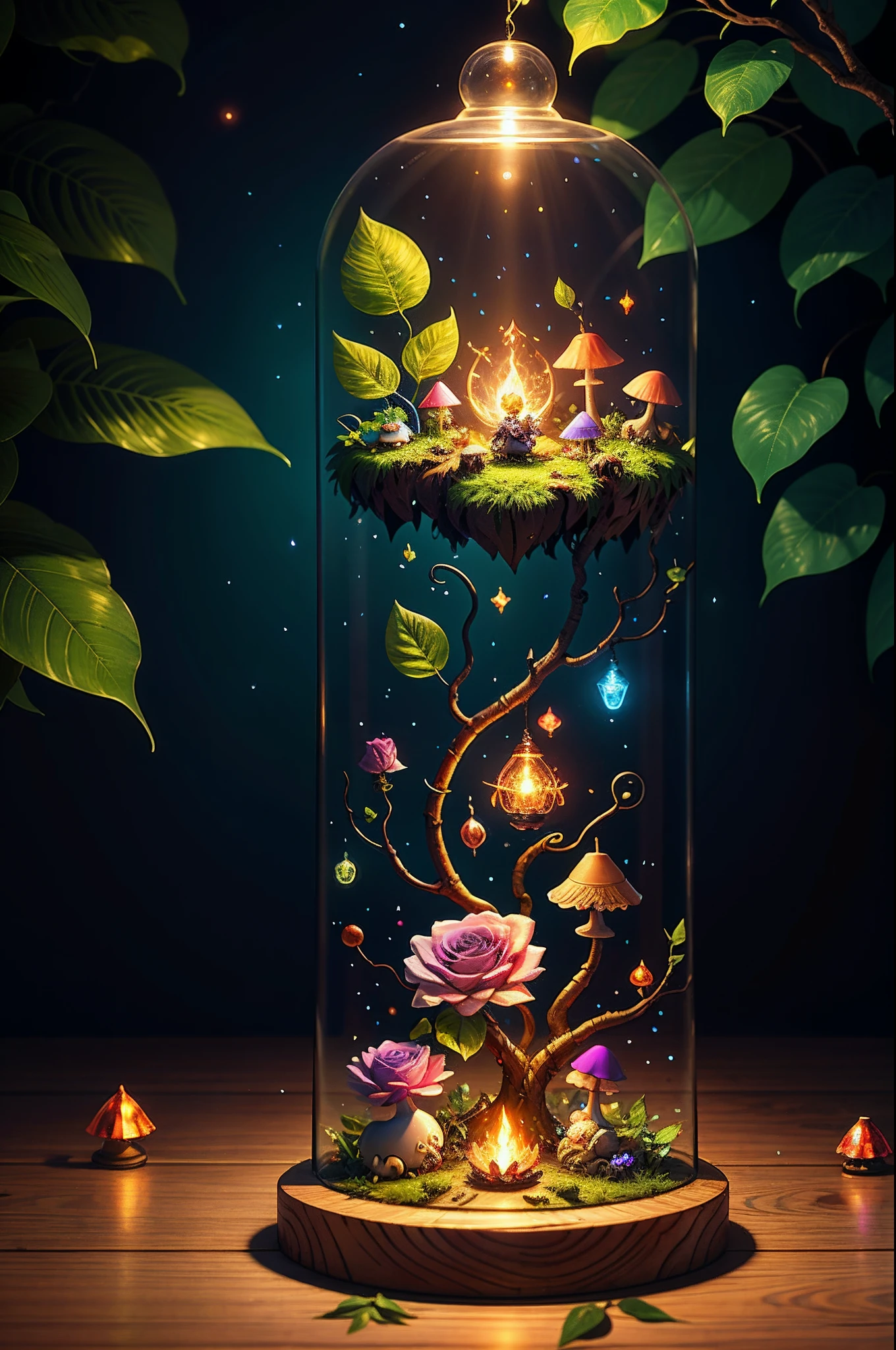 Fantasy in a lot of glass, Illuminate the night,"ethereal roses, Cute slime,Tiere, glowing little mushrooms surrounded by delicate leaves and branches, and fireflies and glowing particle effects, girl", (Natural elements), (Jungle theme), (Leaves), (Branches), (fireflys), butterflys, (delicate leaves), (Glow), (particles effect), Super realistic, super detailed, Dramatic Lightning, 4K, masutepiece,