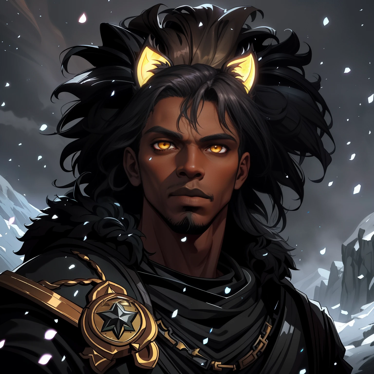 A closeup of a black man with lynx eyes and ears African beauty well-marked masculinity in a mysterious and dark look amid a blizzard on a snowy mountain A character wearing black robes for a medieval RPG and with some scars on his face and a dark look he is a character illustration for RPG with dark colors and gray he has a wise and snobbish look to do a very magical and amazing background image use shadows light contour and black smoke to compose the photo He is in a dramatic pose for a medieval RPG art RPG art RPG character illustration art dramatic pose for an RPG art style League of Legends Art of a pet rpg in a medieval art Illustration of medieval art in an art cartoon style arcane style league of legends art cartoon illustration 8k hd cinematic lights contrasted backlights