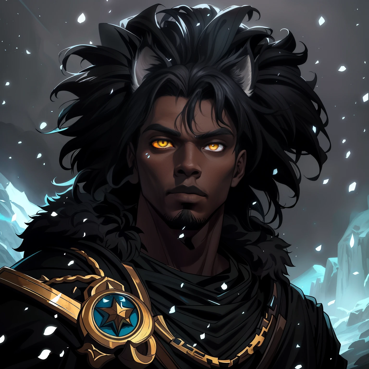 A closeup of a black man with lynx eyes and ears African beauty well-marked masculinity in a mysterious and dark look amid a blizzard on a snowy mountain A character wearing black robes for a medieval RPG and with some scars on his face and a dark look he is a character illustration for RPG with dark colors and gray he has a wise and snobbish look to do a very magical and amazing background image use shadows light contour and black smoke to compose the photo He is in a dramatic pose for a medieval RPG art RPG art RPG character illustration art dramatic pose for an RPG art style League of Legends Art of a pet rpg in a medieval art Illustration of medieval art in an art cartoon style arcane style league of legends art cartoon illustration 8k hd cinematic lights contrasted backlights