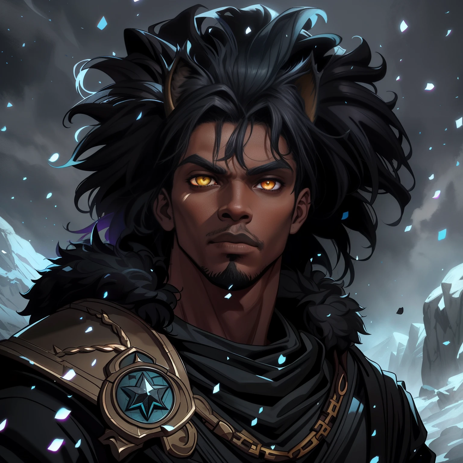 A closeup of a black man with lynx eyes and ears African beauty well-marked masculinity in a mysterious and dark look amid a blizzard on a snowy mountain A character wearing black robes for a medieval RPG and with some scars on his face and a dark look he is a character illustration for RPG with dark colors and gray he has a wise and snobbish look to do a very magical and amazing background image use shadows light contour and black smoke to compose the photo He is in a dramatic pose for a medieval RPG art RPG art RPG character illustration art dramatic pose for an RPG art style League of Legends Art of a pet rpg in a medieval art Illustration of medieval art in an art cartoon style arcane style league of legends art cartoon illustration 8k hd cinematic lights contrasted backlights