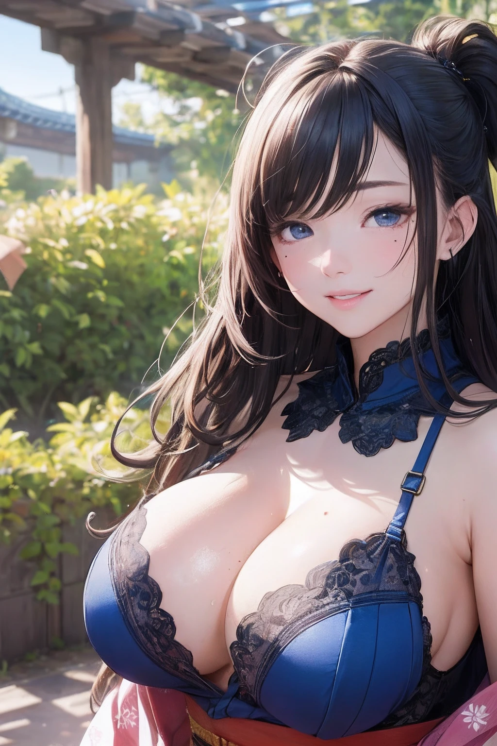 8K picture quality、top-quality、masutepiece、An ultra-high picture quality、ultra-detailliert、Ultra-realistic hair quality、Vibrant colors、Beautuful Women、Beautiful long hair、Shiny hair、detailed hairs、Blue Mesh、poneyTail、Blue eyes、shiny skin of moles in the corners of the eyes,、Lace underwear、One mole in the valley、large pectoral muscles、Very gigantic-breasts、Sweat on the forehead and cheeks、extremely big ass、Fluffy off-shoulder yukata、A smile、soft pink lips、Ultra-realistic flesh feeling、Red cheeks、summer festival in background