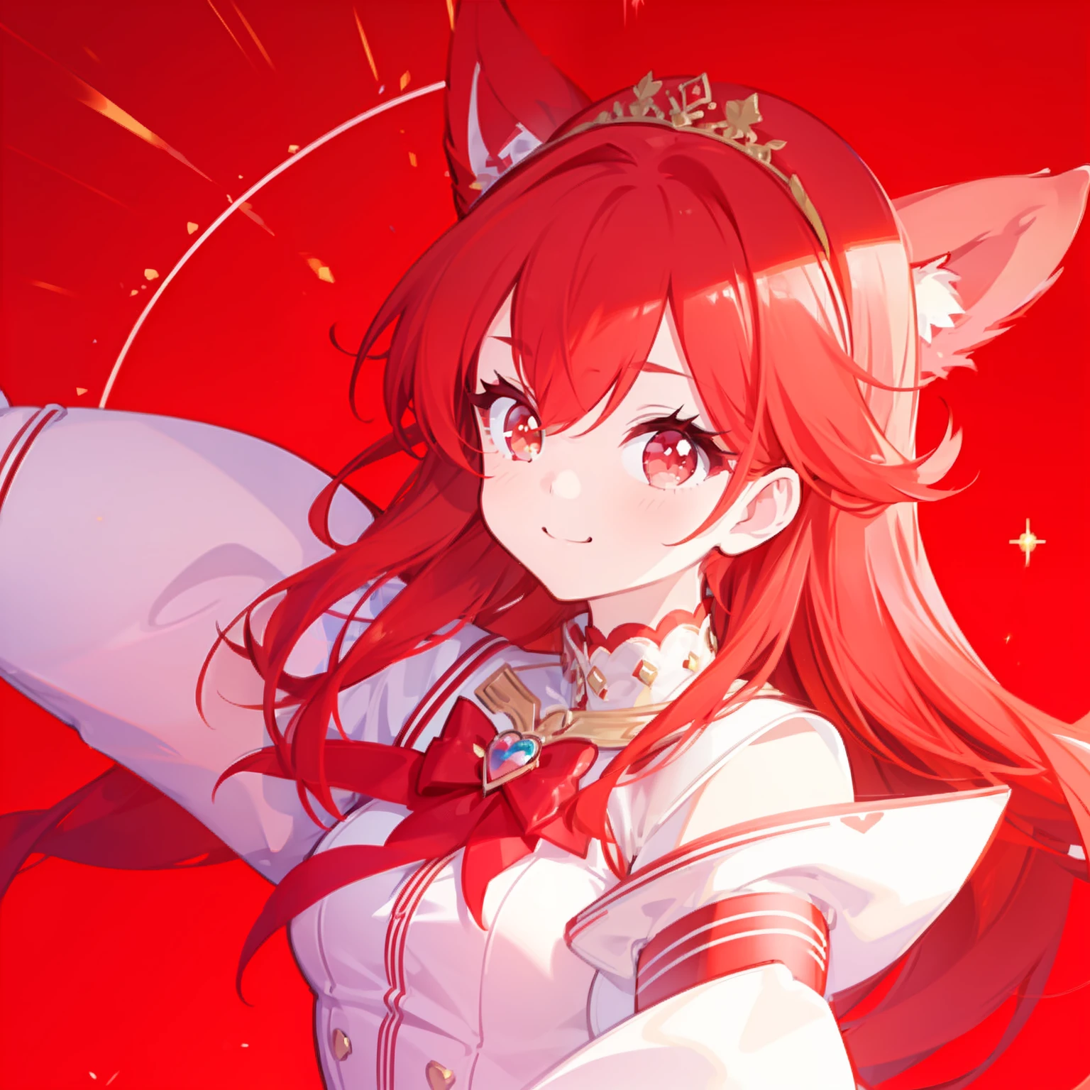 (kawaii and adorable girl:1.2),(red outfit:1.2),(red hair:1.3),(red accessories:1.1),(cute and red background),(sparkles and hearts:0.9)